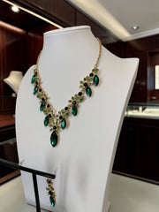 Emerald Green Crystal Gold Plated Necklace & Earrings Set | Elegant Bridal Jewelry | Luqmaan Boutique.  071