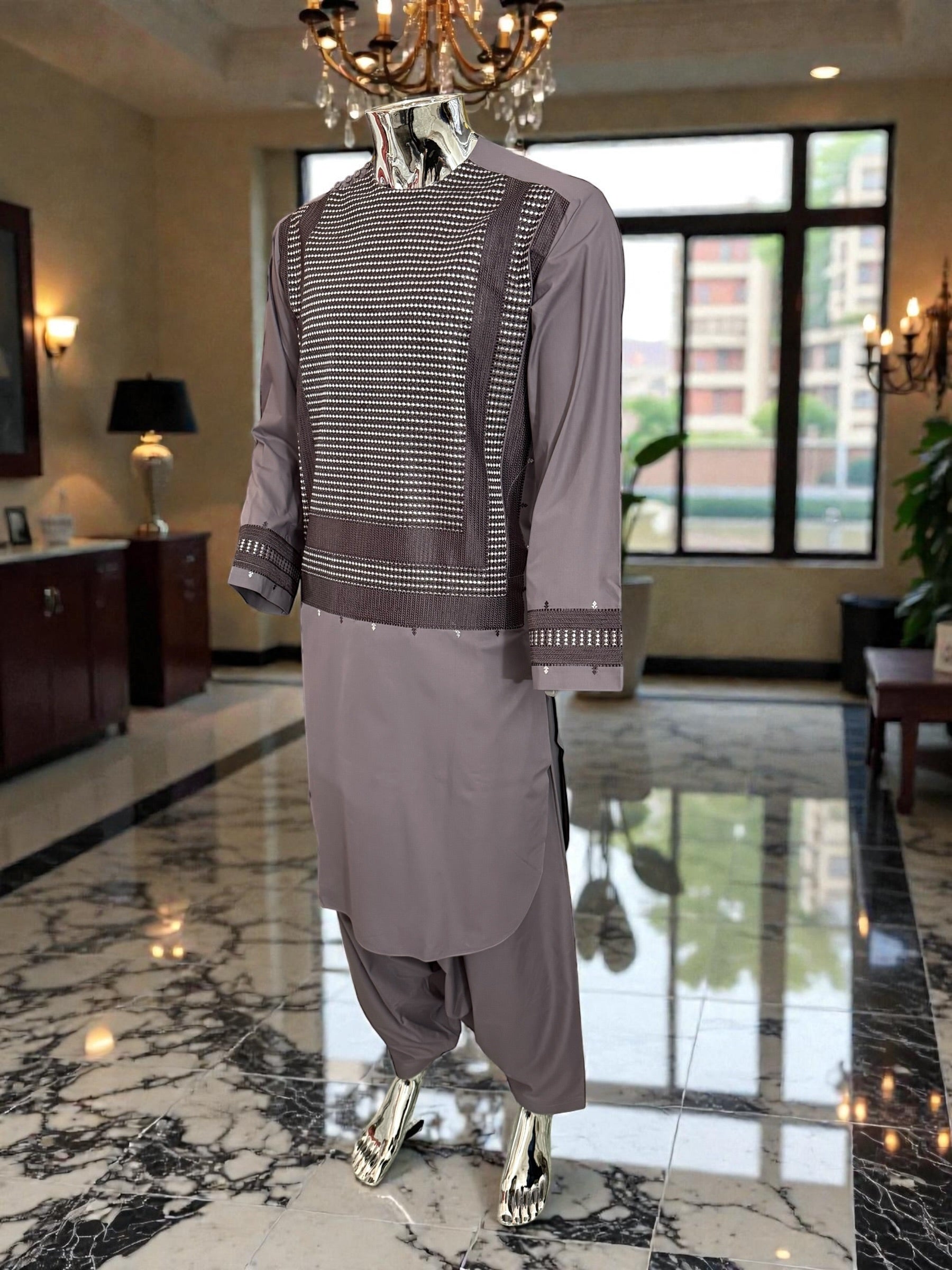 Men’s Plum Parahan Tumban with White Embroidery – Afghan Traditional Outfit (Small)