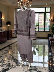 Men’s Plum Parahan Tumban with White Embroidery – Afghan Traditional Outfit (Small)