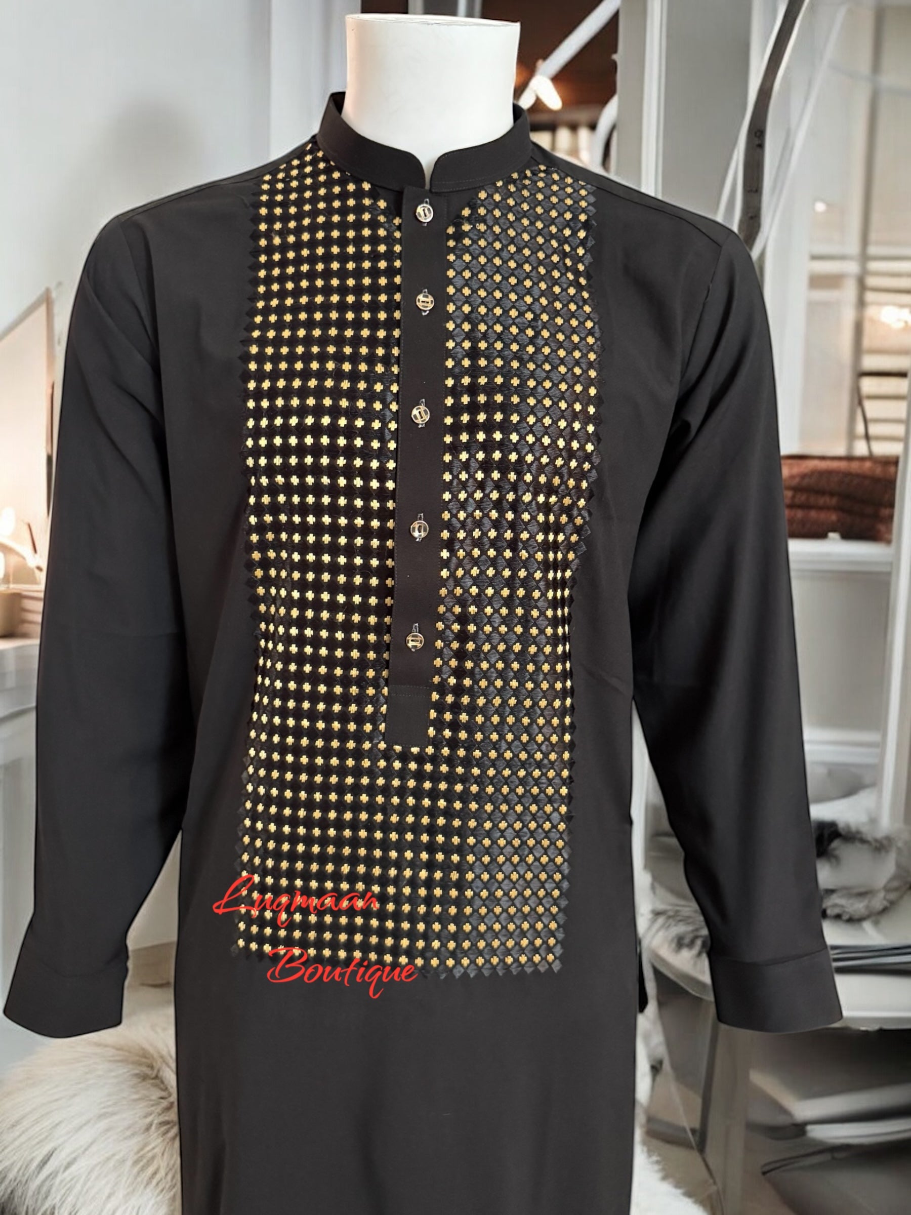 Men’s Black Parahan Tumban with Gold Hand Khamak Embroidery – Luxury Traditional Afghan Outfit, Medium
