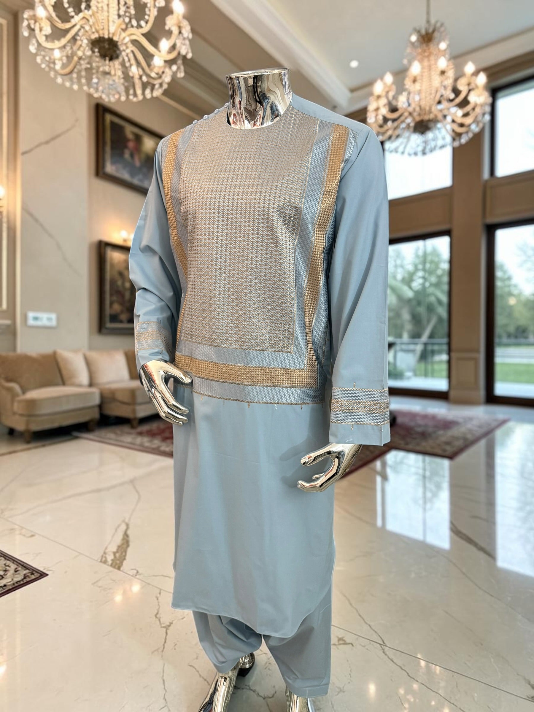 Large Luxury Sky Blue & Gold Embroidered Men’s Afghan Shalwar Kameez Set Yakhandozi – Premium Traditional Outfit