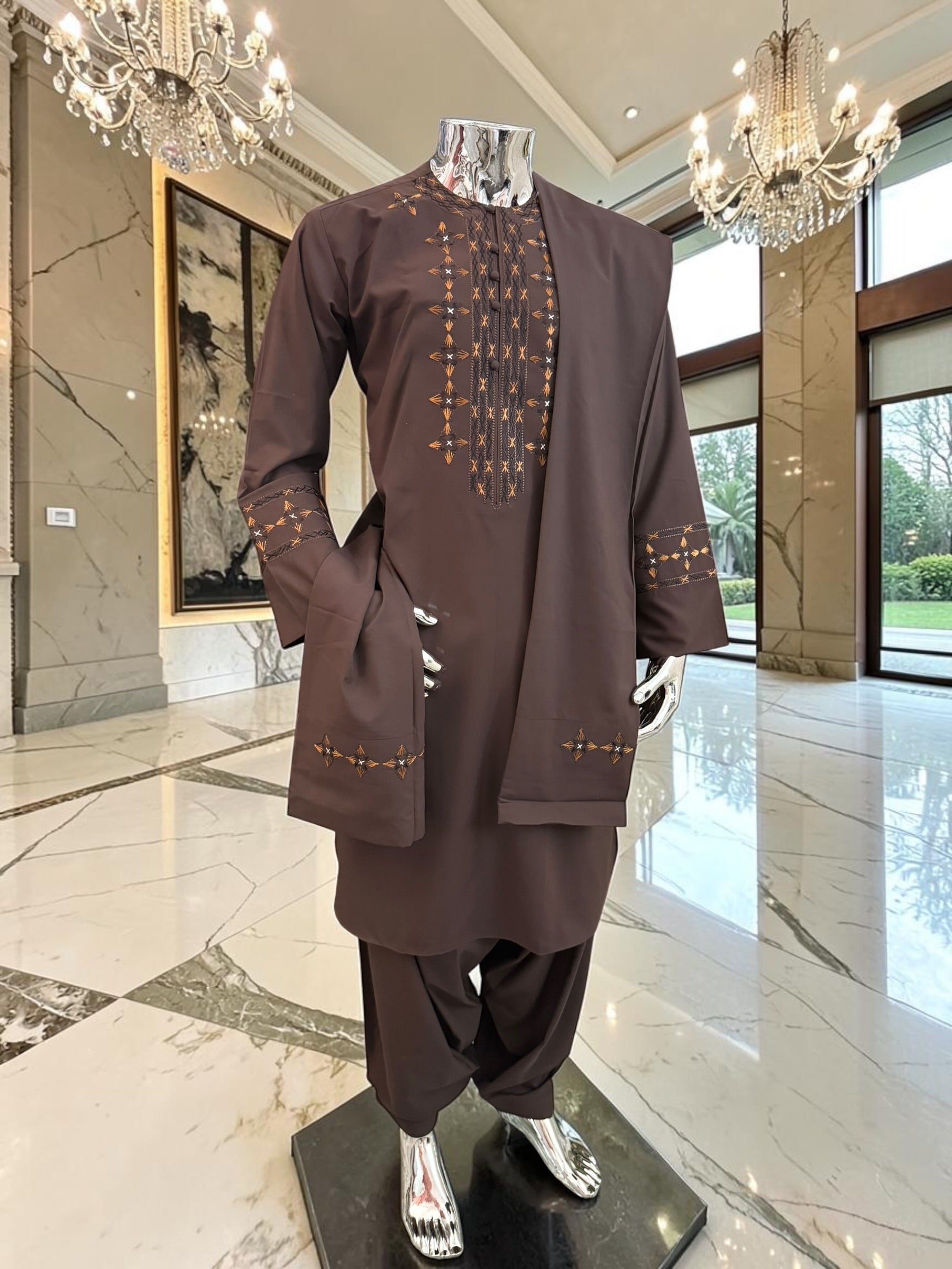 Men’s Chocolate Brown Embroidered Afghan Parahan Tunban 3-Piece Set with Shawl | Small–X-Large