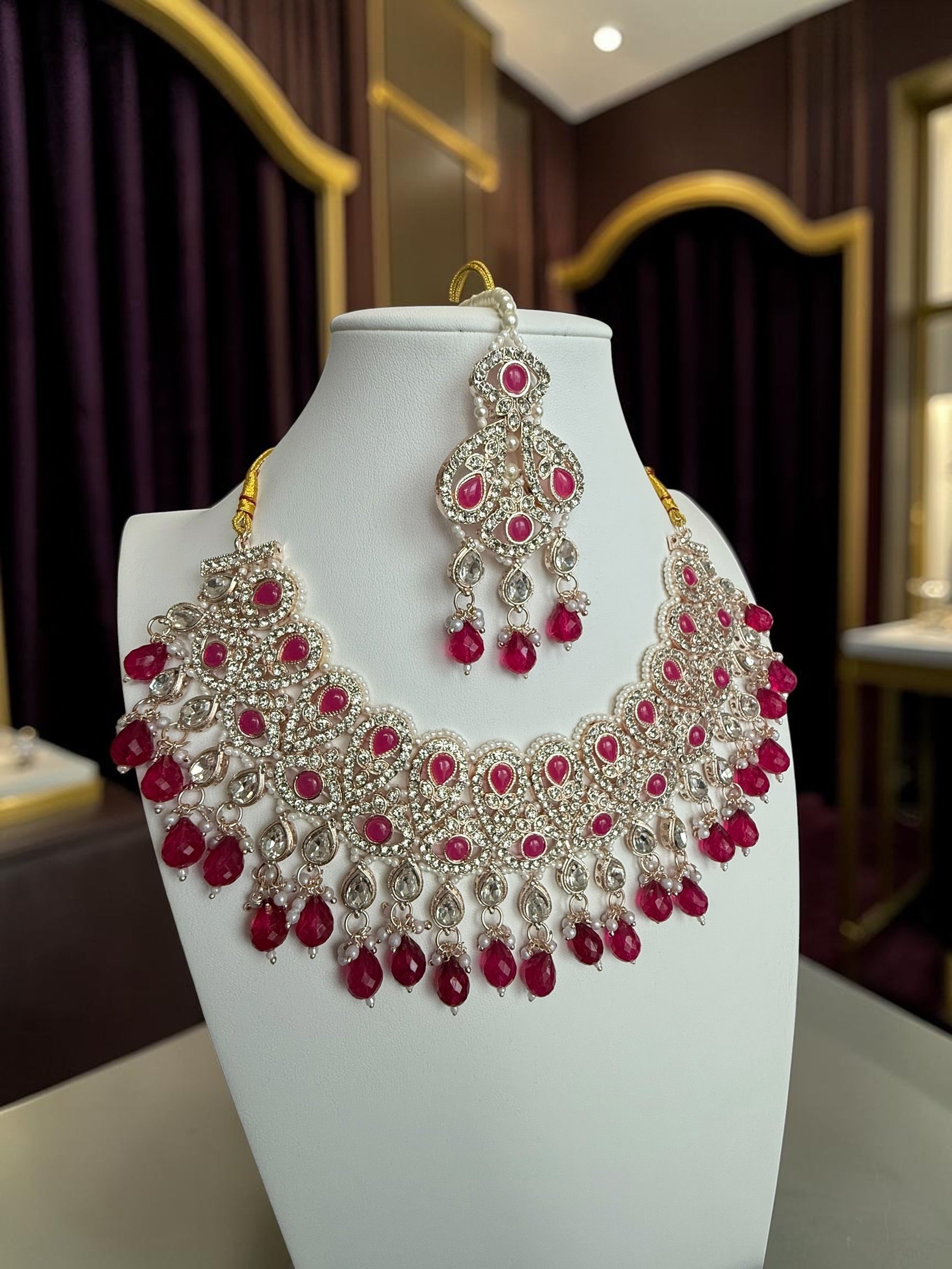 Ruby Red Kundan Bridal Jewelry Set with Earrings & Maang Tikka | Rose Gold Indian Pakistani Afghan Wedding Necklace | Gift Box Included 6047