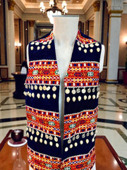Men’s Navy-Blue Afghan Vest with Multicolor Hand Embroidery, Shells & Silver Coins | Traditional Kuchi Waistcoat | Size Medium