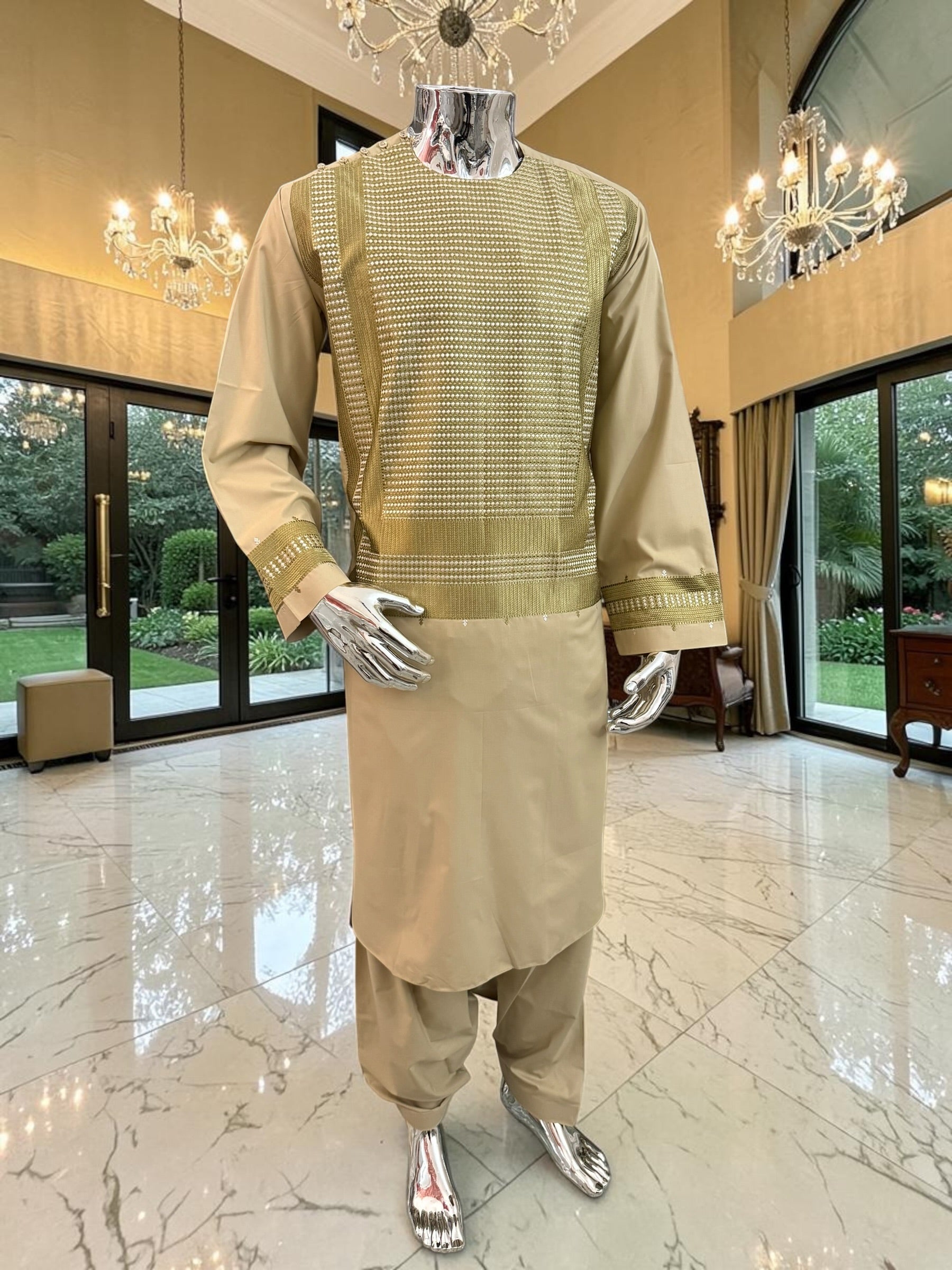 Large Men’s Tan Parahan Tunban with Green & White Machine Embroidery – Premium Afghan Outfit