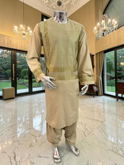 Large Men’s Tan Parahan Tunban with Green & White Machine Embroidery – Premium Afghan Outfit