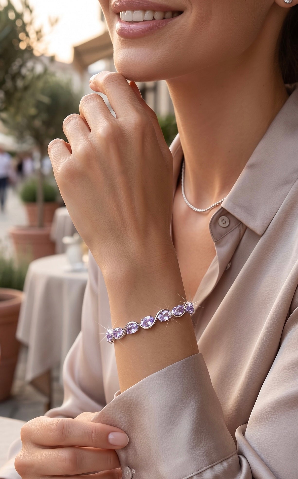 Lavender Purple Crystal Infinity Bracelet – Silver-Tone Oval Stone Link Bracelet 7098