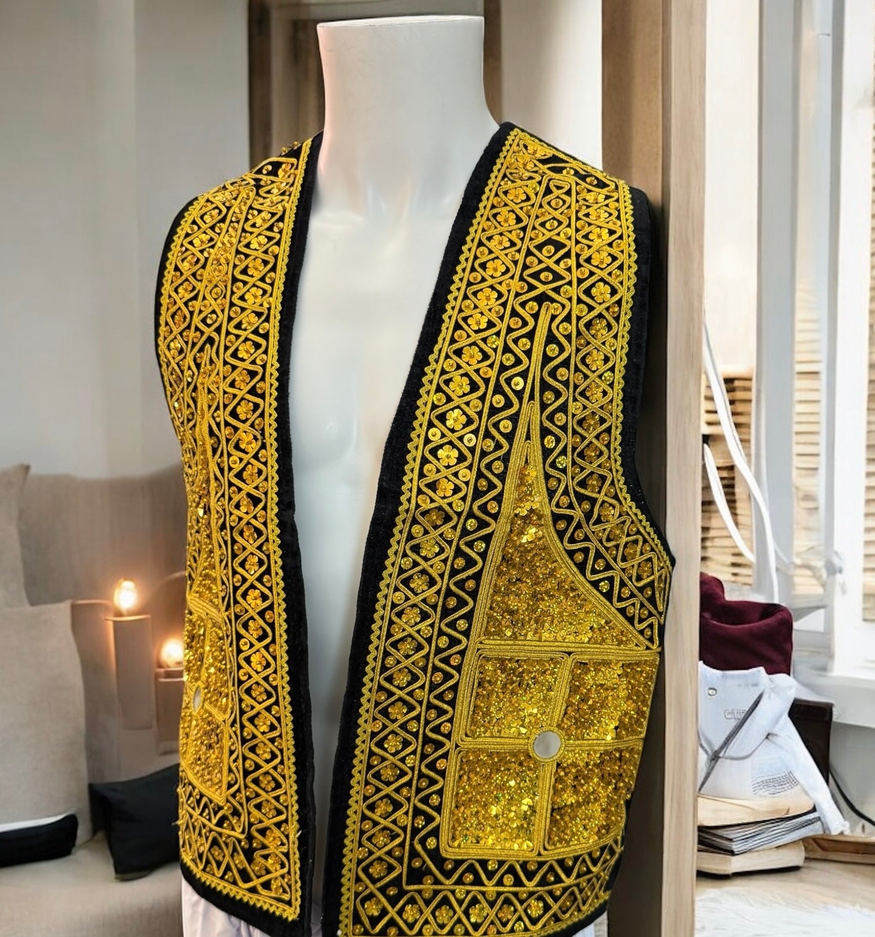 Men’s Afghan Gold Embroidered Vest – Black, Small