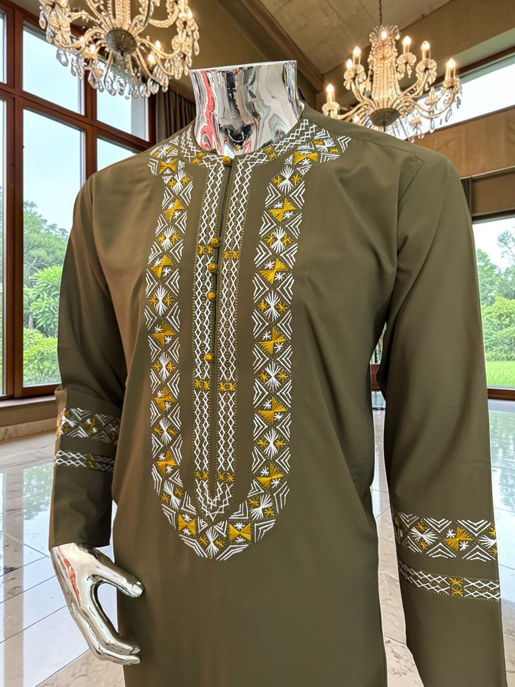 Men’s Olive Green Embroidered Afghan Perahan Tunban Set | S–XL