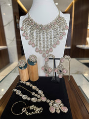 Luxury 6-Piece Blush Pink Indian Bridal Jewelry Set – Kundan Necklace, Earrings, Sheeshphool, Nath & 2 Adjustable Rings | Brass Alloy | 2 Gift Boxes 6063