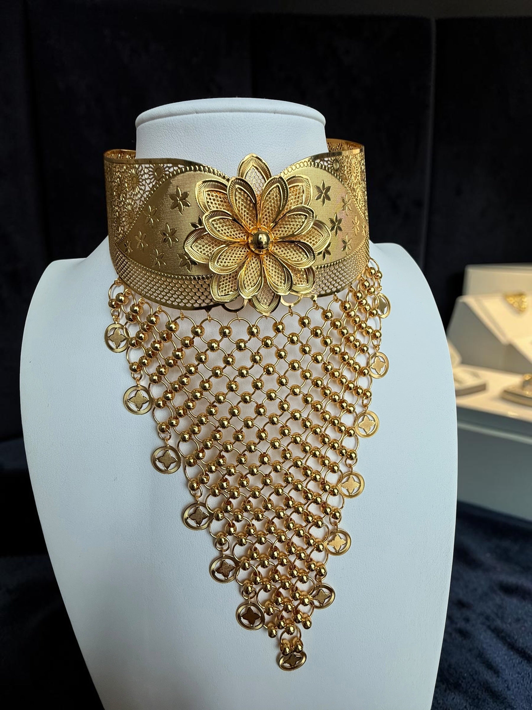 24K Gold-Plated Floral Choker Necklace and Earrings Set | Vintage Hollow Statement Jewelry | Afghan, Indian, Pakistani & Middle Eastern Wedding Set 6073
