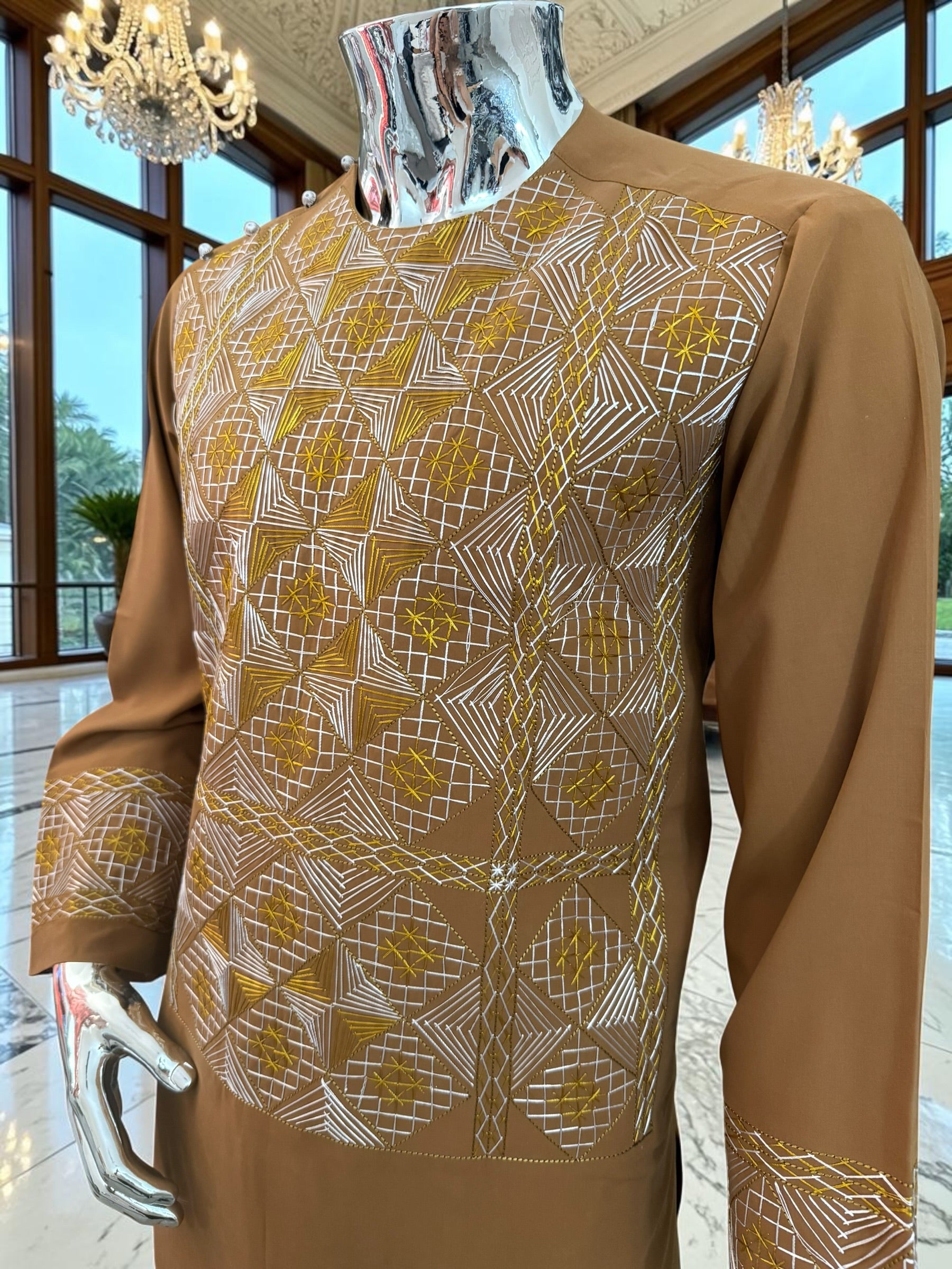 Medium Mens Afghan Parahan Tunban Set – Caramel Brown Premium Embroidered Traditional Outfit with Matching Chadder/patto
