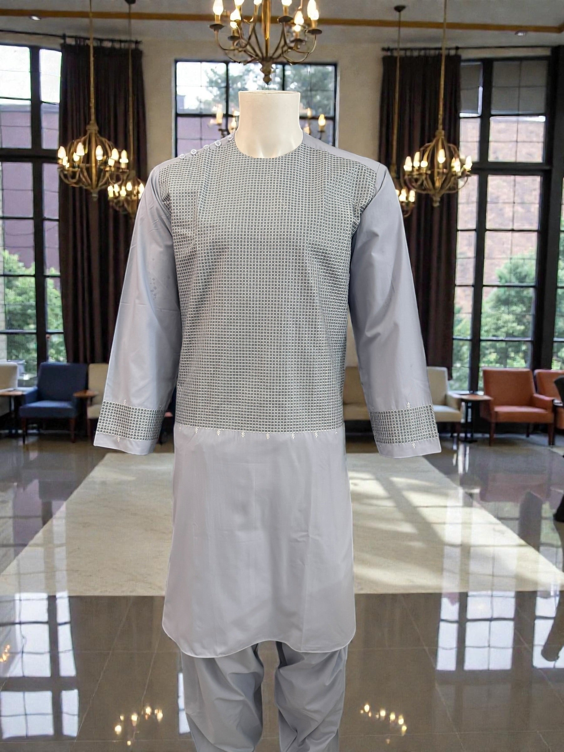 Small Men’s Cool pale lavender Parahan Tumban with Silver Embroidery – Afghan Traditional Outfit
