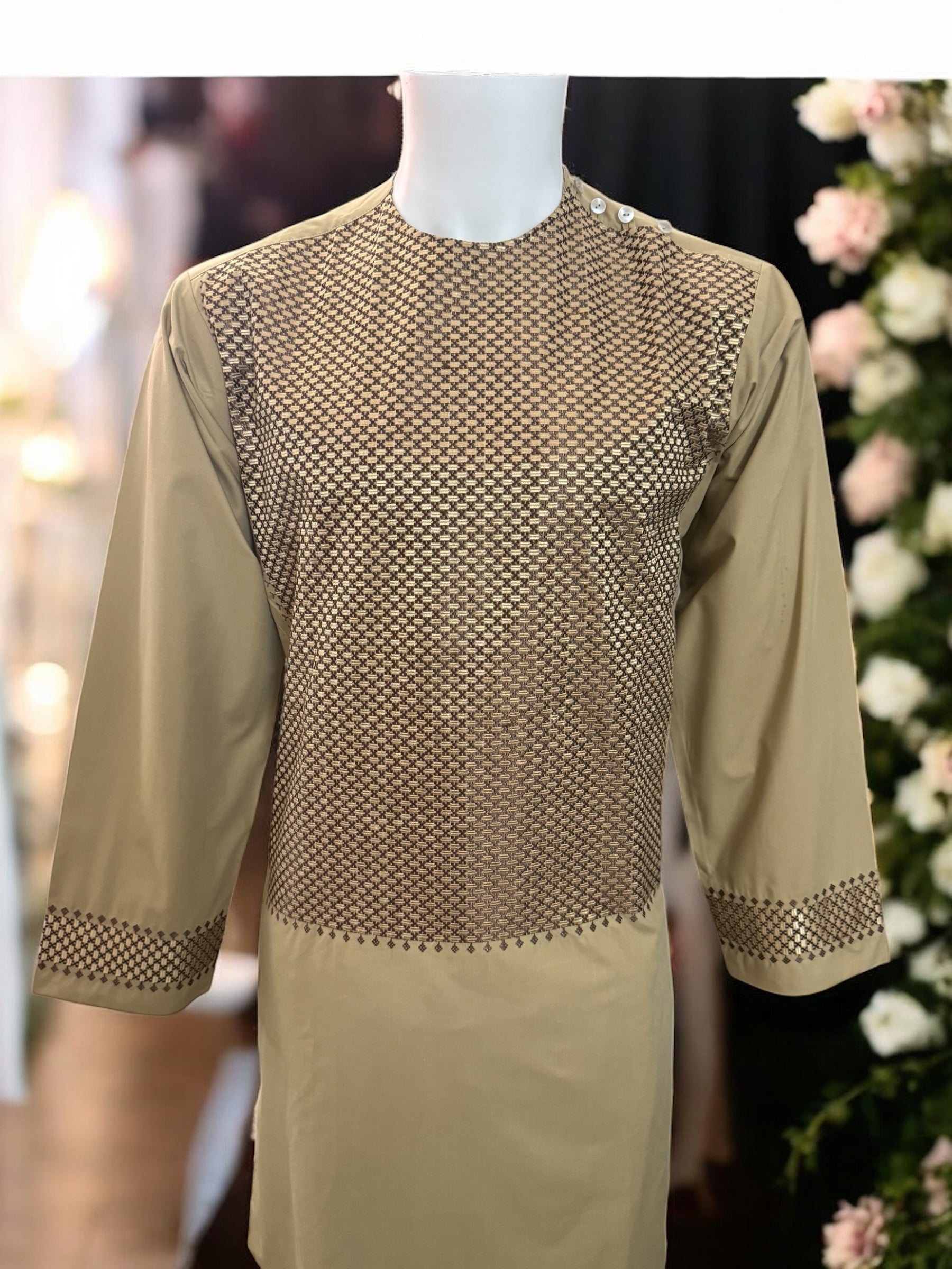 Afghan Parahan Tunban for Men Machine Embroidered Beige Gold Traditional Wear Medium