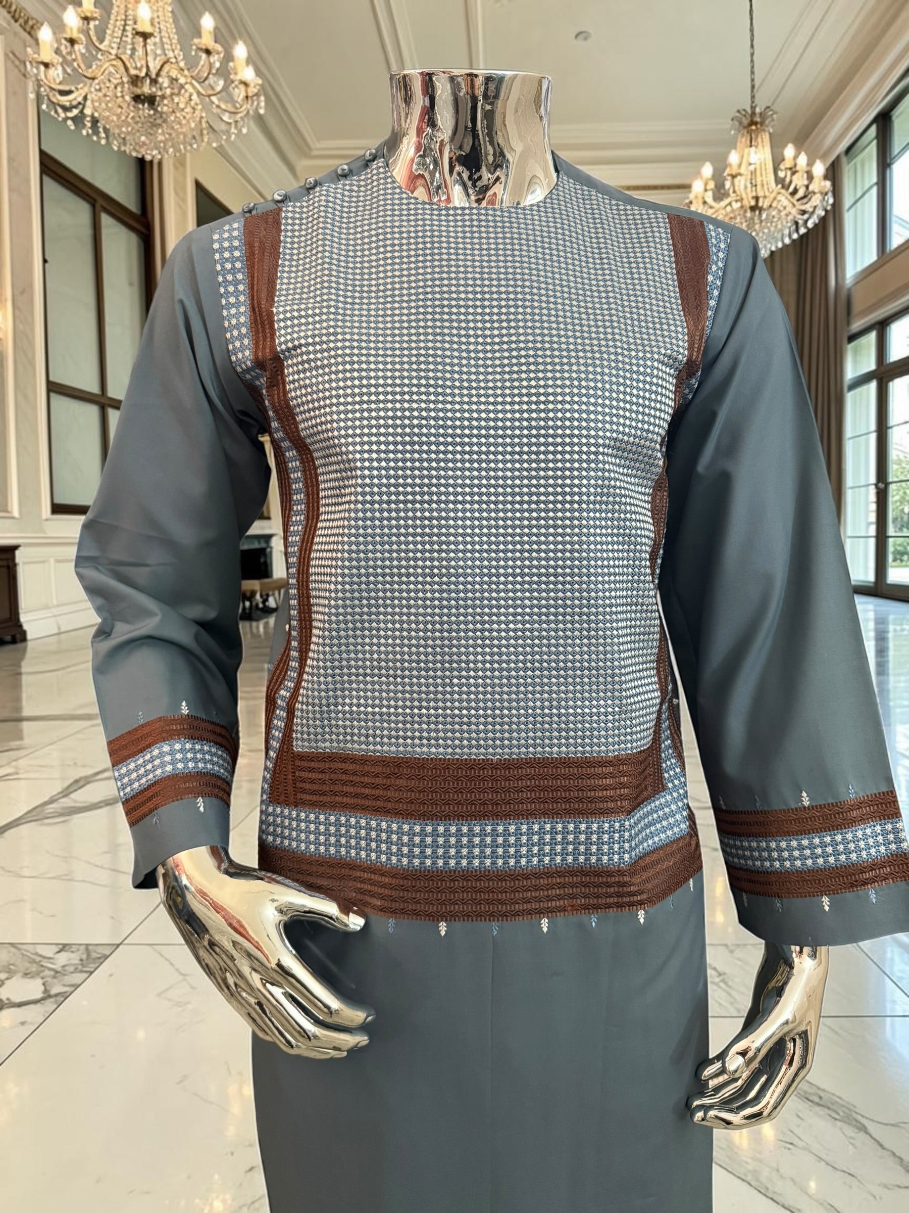 Small Steel Blue Parahan Tunban with White& Brown Embroidery | Premium Afghan Traditional Wear