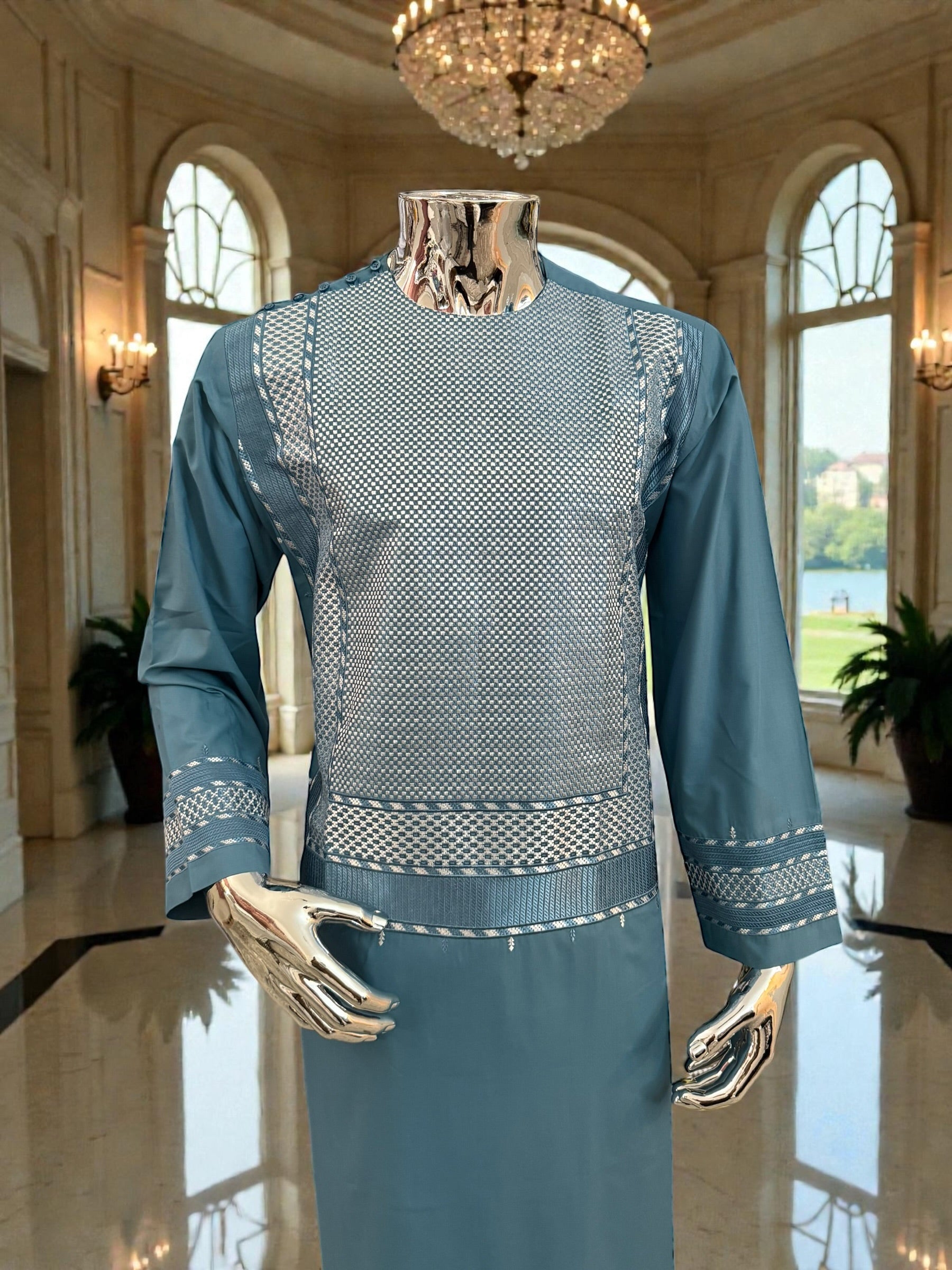 Medium Turquoise Blue Afghan Kameez with White Khamakdozi Embroidery