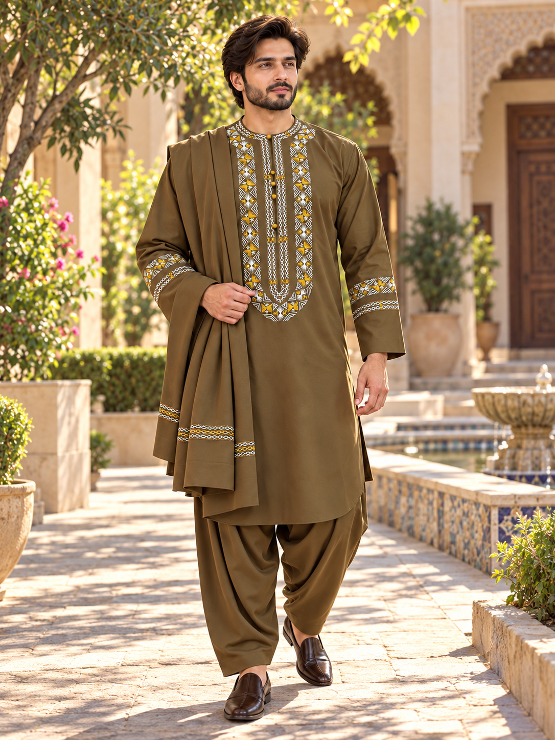 Men’s Olive Green Embroidered Afghan Perahan Tunban Set | S–XL