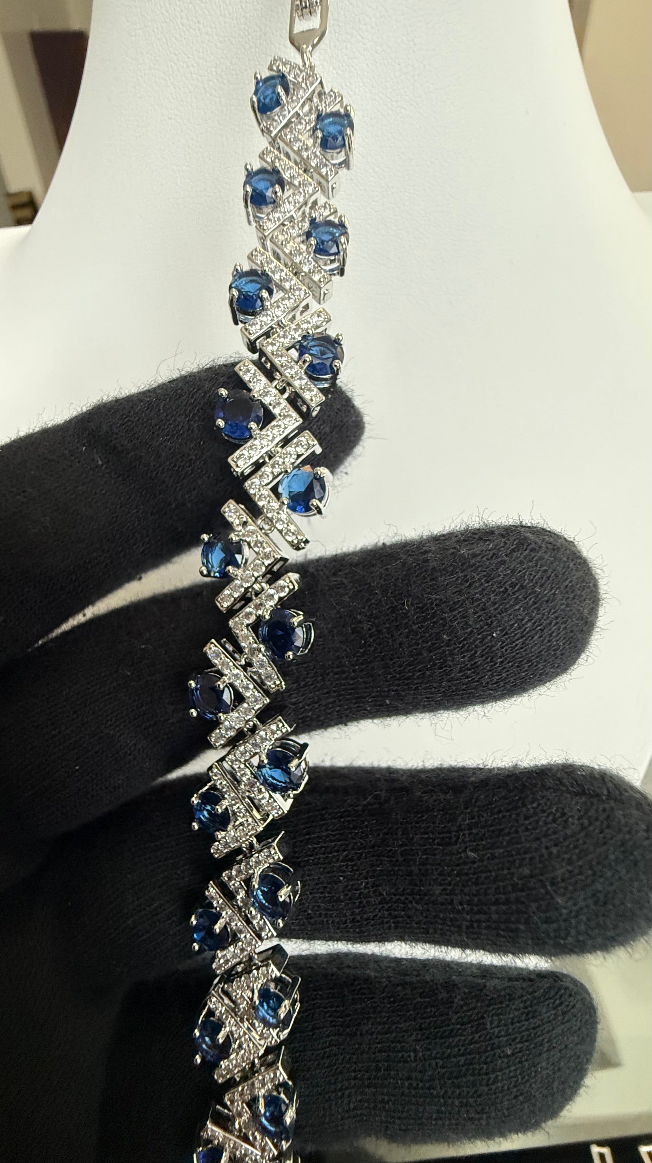Royal Blue Crystal Geometric Chevron Bracelet – Silver Tone Statement Jewelry 7100