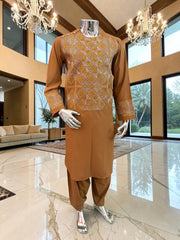 Medium Mens Afghan Parahan Tunban Set – Caramel Brown Premium Embroidered Traditional Outfit with Matching Chadder/patto