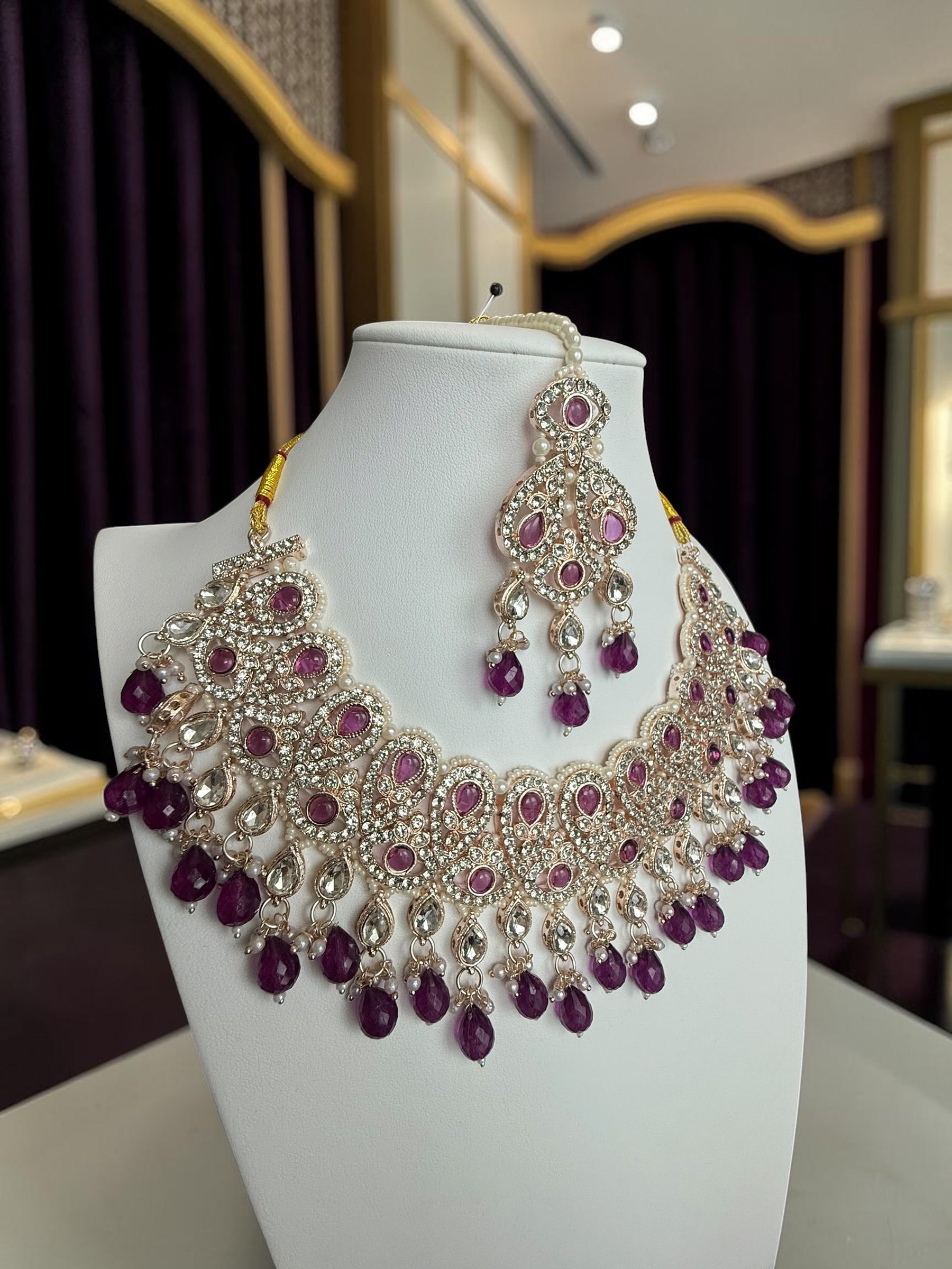 Purple Kundan Bridal Jewelry Set with Earrings & Maang Tikka | Rose Gold Indian Pakistani Afghan Wedding Necklace | Gift Box Included 6050