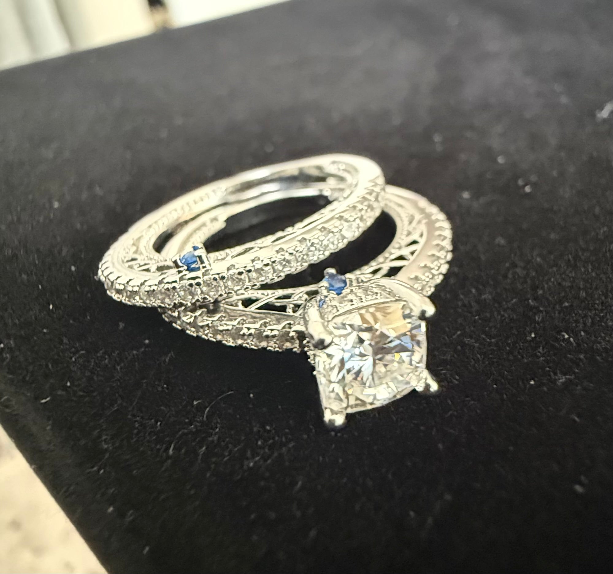 Size 5 Sterling Silver Cushion Cut Moissanite Bridal Ring Set | Infinity Twist Pavé Engagement & Wedding Band.  6011