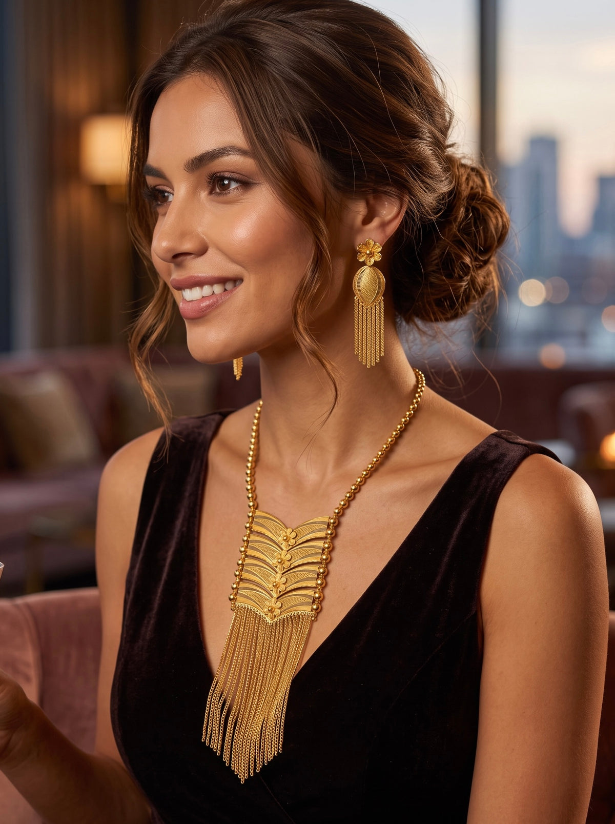 24K Gold-Plated Arab Middle Eastern Floral Fringe Necklace & Earrings Set. 060