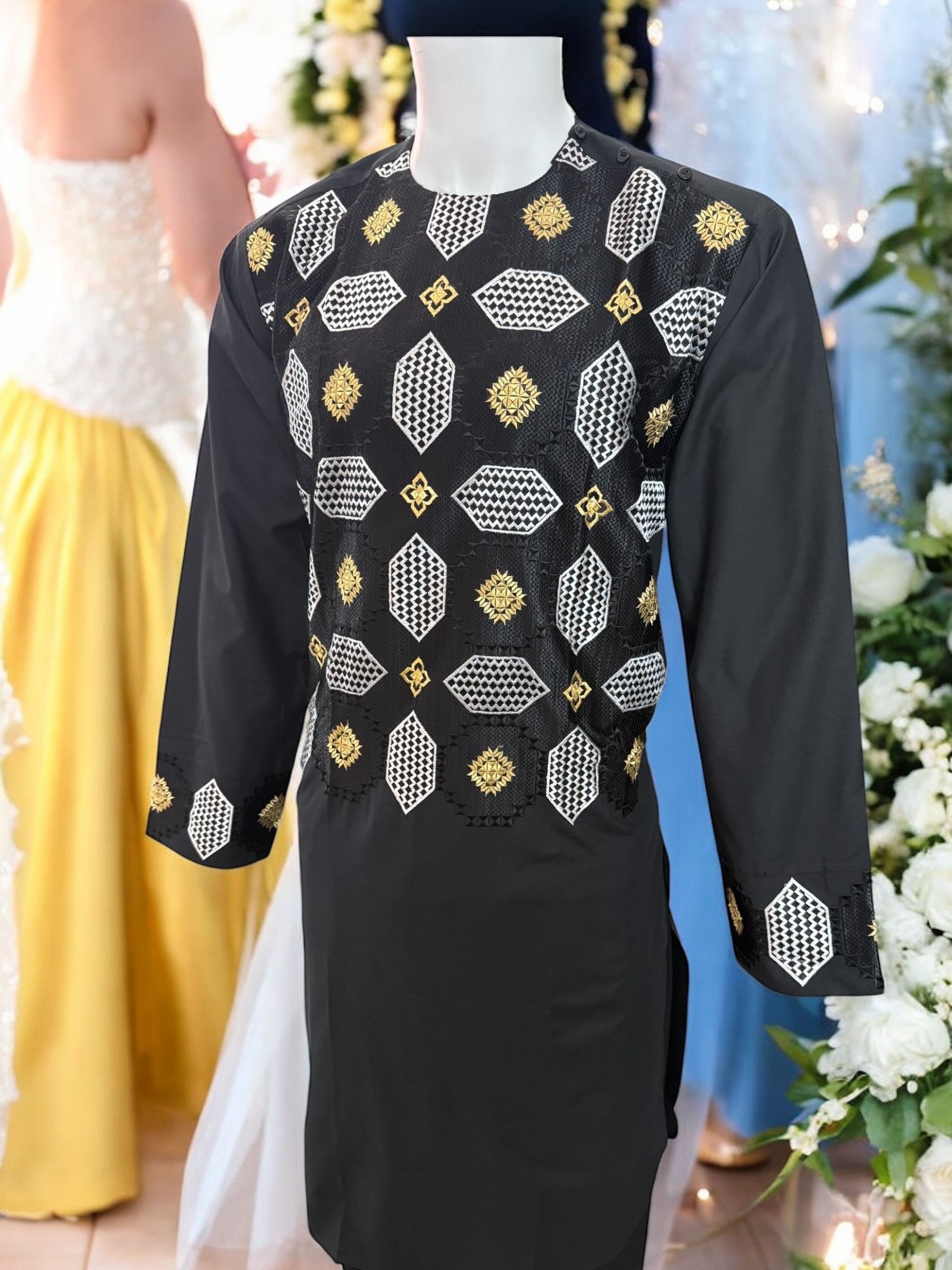 Afghan Parahan Tunban with Machine Khamakdozi Embroidery – Black White Gold – Medium