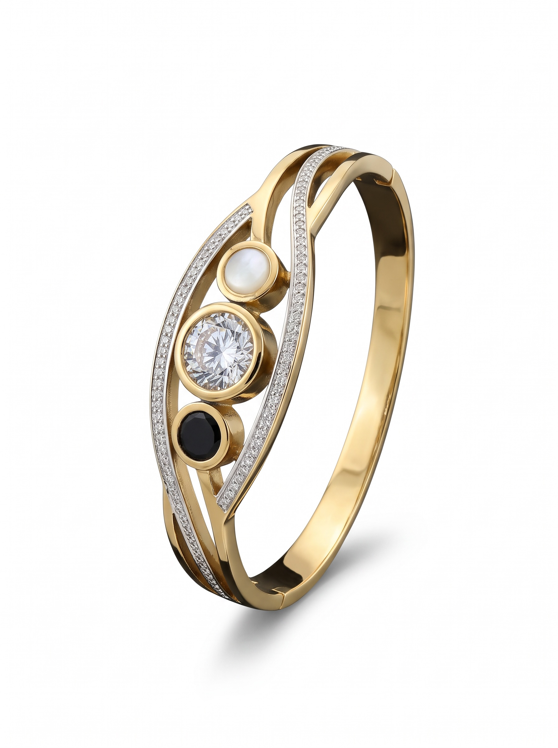 Gold-Tone Stainless Steel Three-Stone Crystal Side-Opening Bangle for Women 8023
