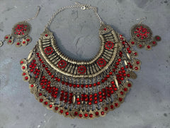 Handmade Afghan Traditional Tribal Statement Necklace Set for Women – Vintage Silver Tone Necklace & Matching Earrings with Red Stones | Boho Ethnic Jewelry