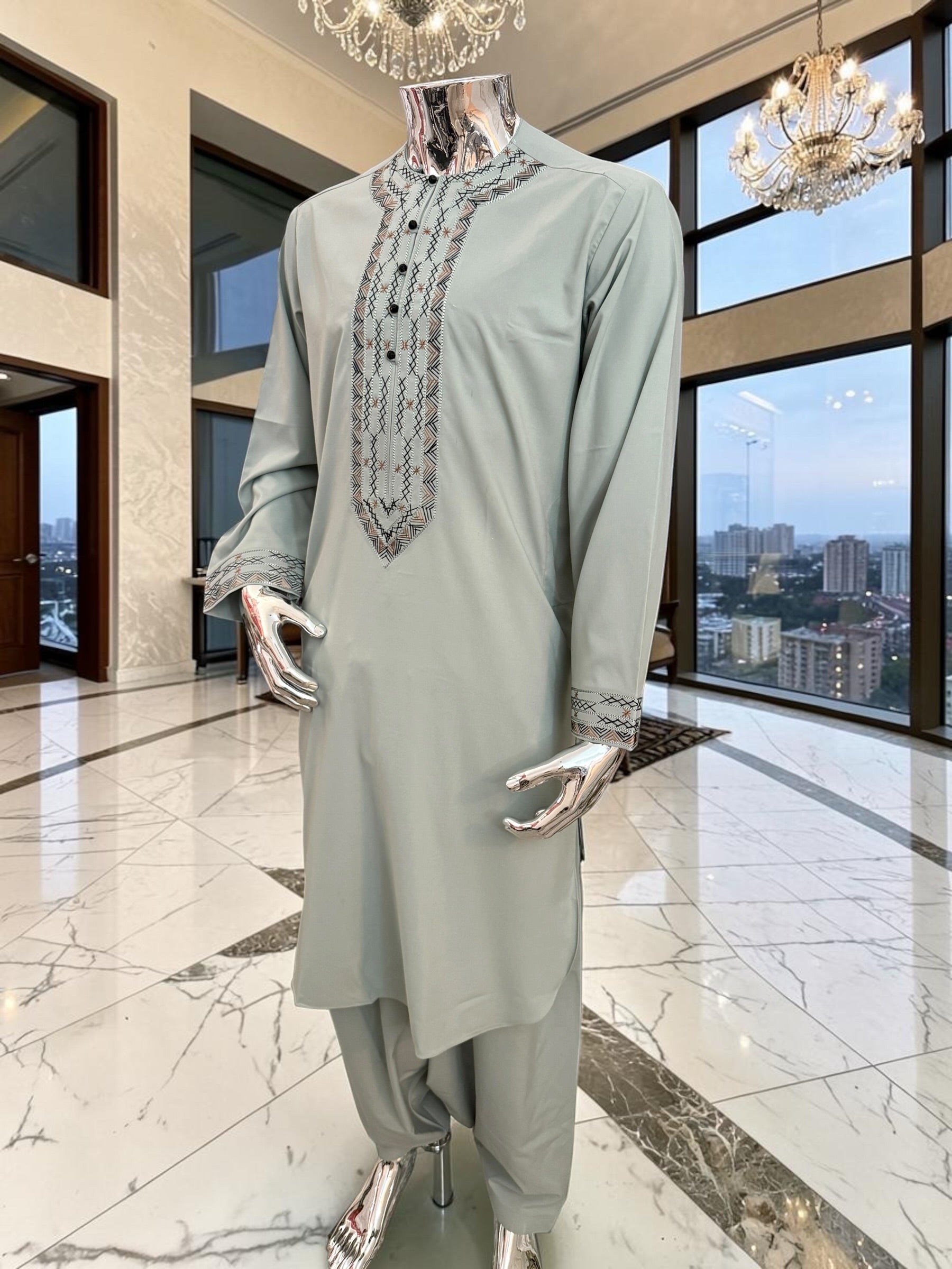 Medium Men’s Hand Embroidered Parahan Tunban Set – Light Sage Green Afghan Traditional Outfit