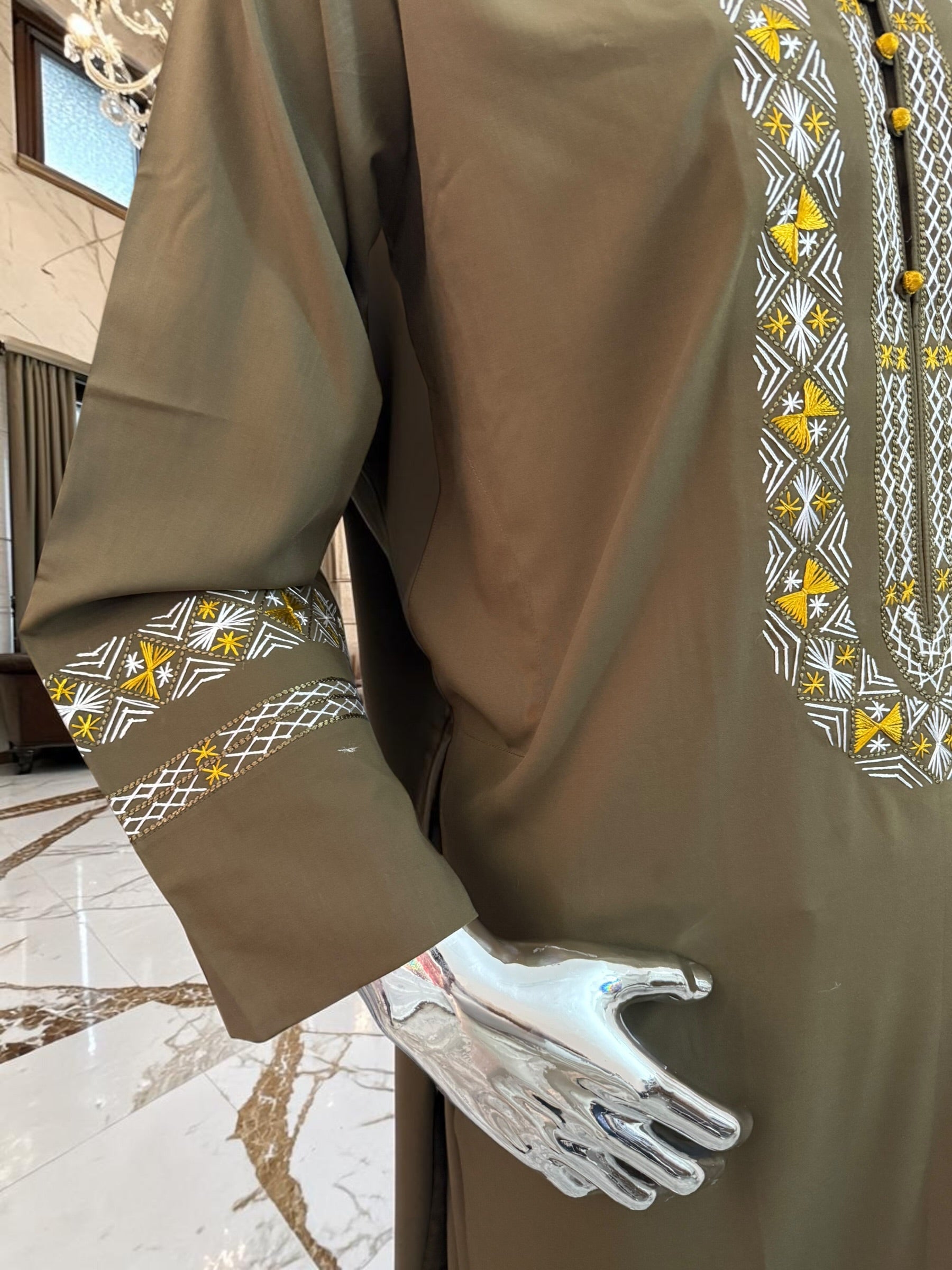 Large Olive Green Afghan Parahan Tunban Set with Traditional Hand Embroidery & Matching Scarf