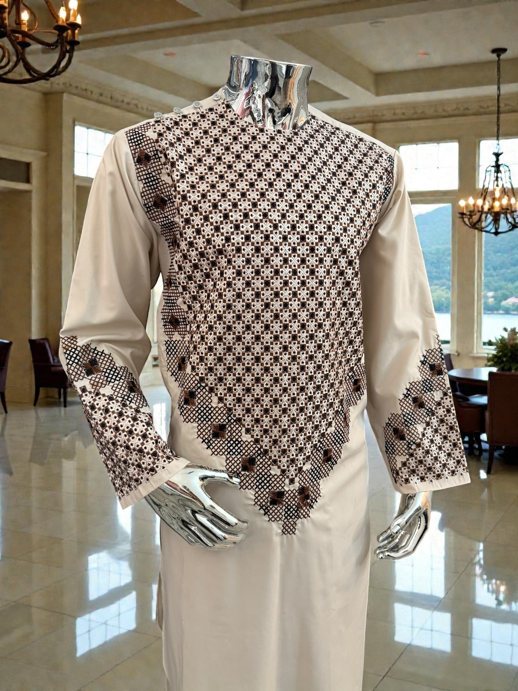 Men’s Cream Kameez with Brown and Black Embroidery – Large  fabric defect special price