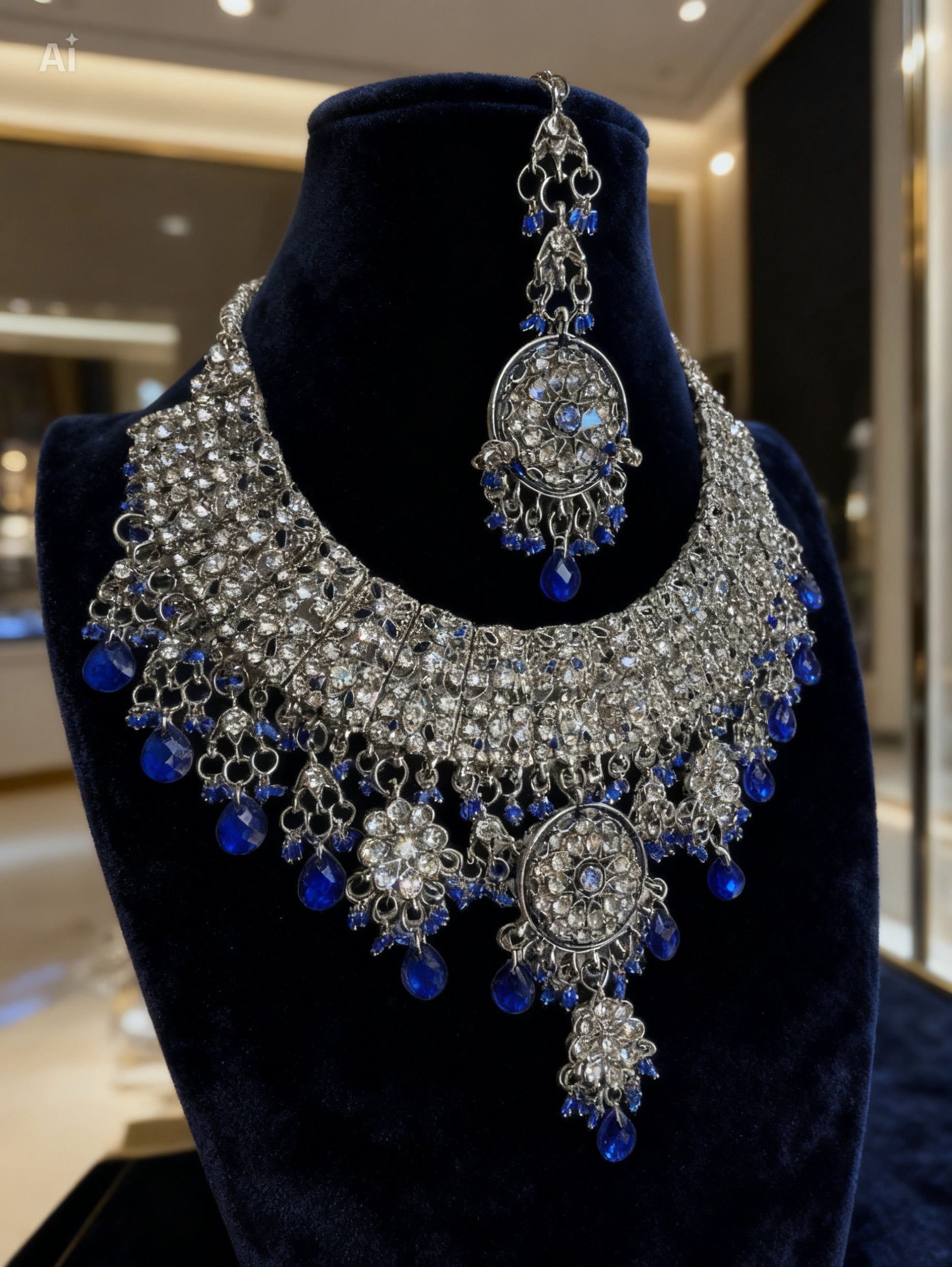 Sapphire & Silver Kundan Style Bridal Jewelry Set with Necklace, Earrings & Maang Tikka | Indian Pakistani Afghan Wedding Jewelry | Gift Box Included 7009