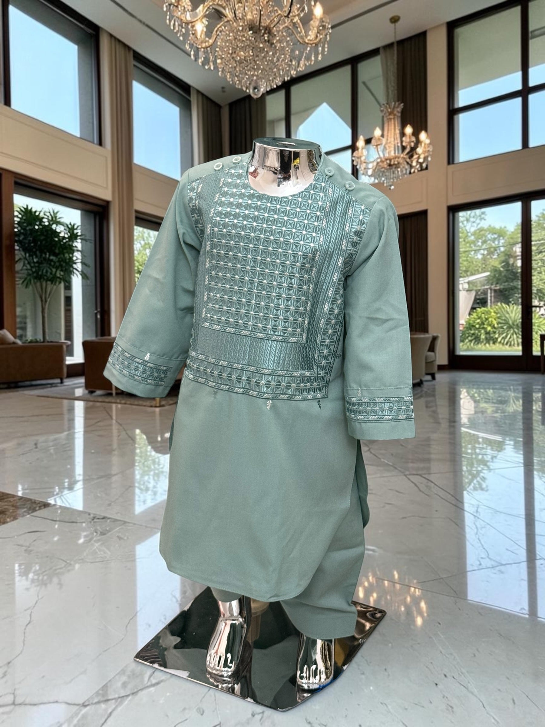 Kids Afghan Parahan Tunban Set – Premium Embroidered Traditional Afghan Outfit for Boys | Sage Green Eid & Wedding Wear (1–12 Years) Design #23