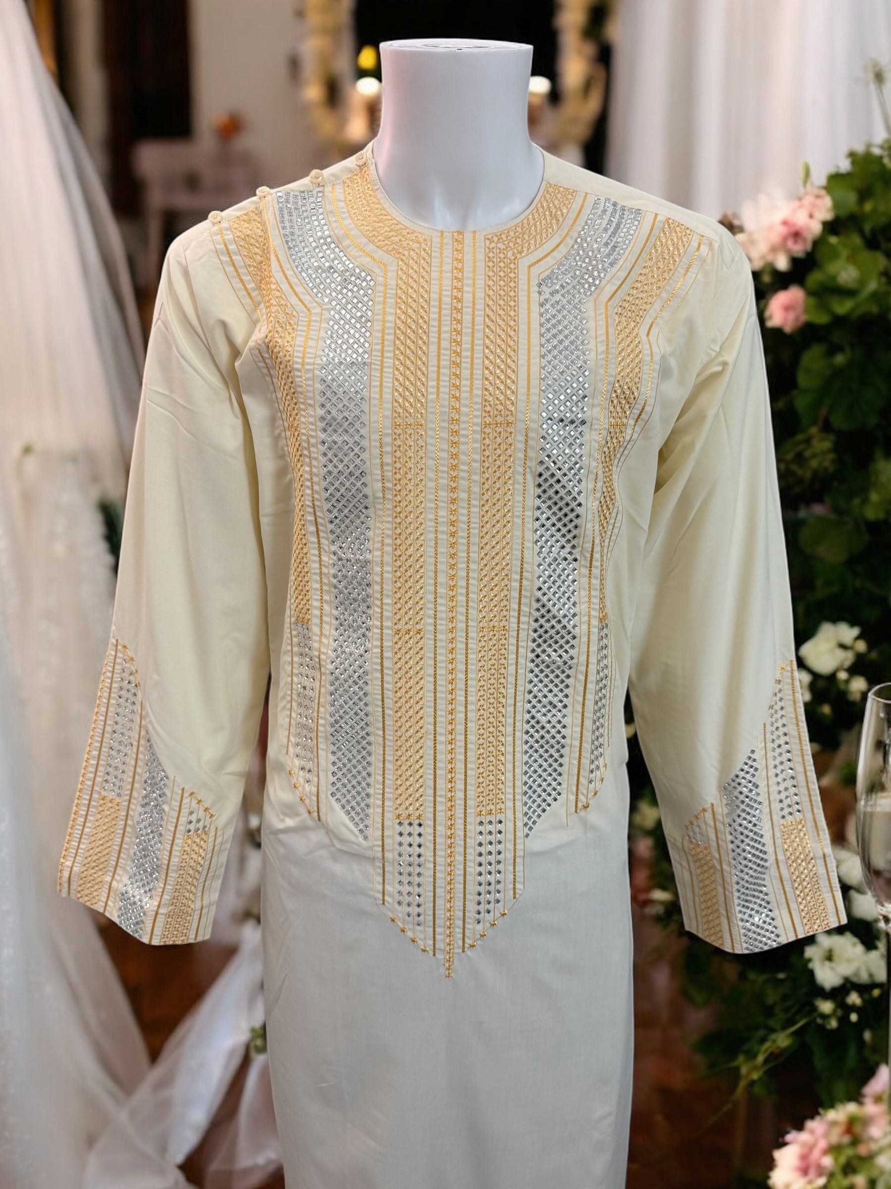 Afghan Parahan Tunban for Men Shesha Mirror Work Machine Embroidered Cream Traditional Wear X-Large
