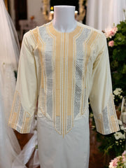 Afghan Parahan Tunban for Men Shesha Mirror Work Machine Embroidered Cream Traditional Wear X-Large