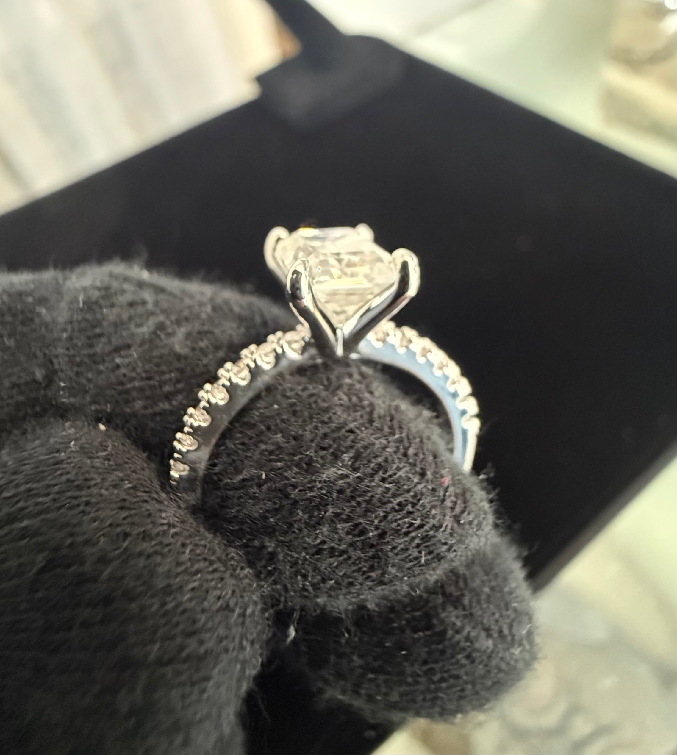 Size 6 Emerald Cut Moissanite Engagement Ring in Sterling Silver – 4 Prong Pavé Band.   6016