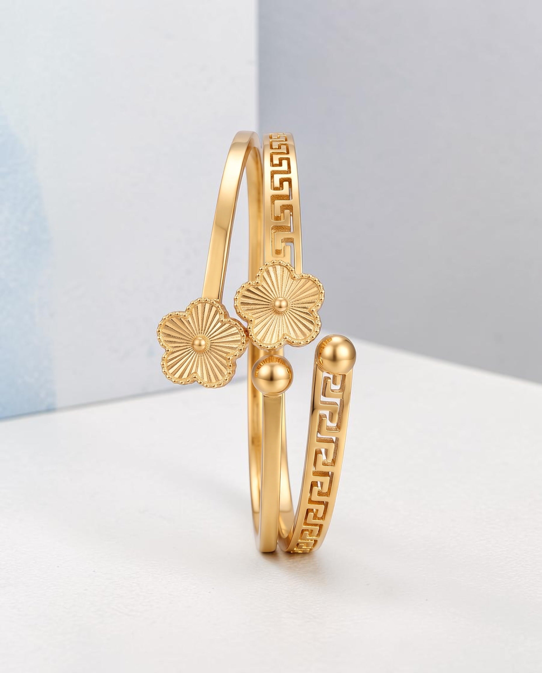 Greek Key Floral Open Cuff Bangle Bracelet – Gold or Silver Tone