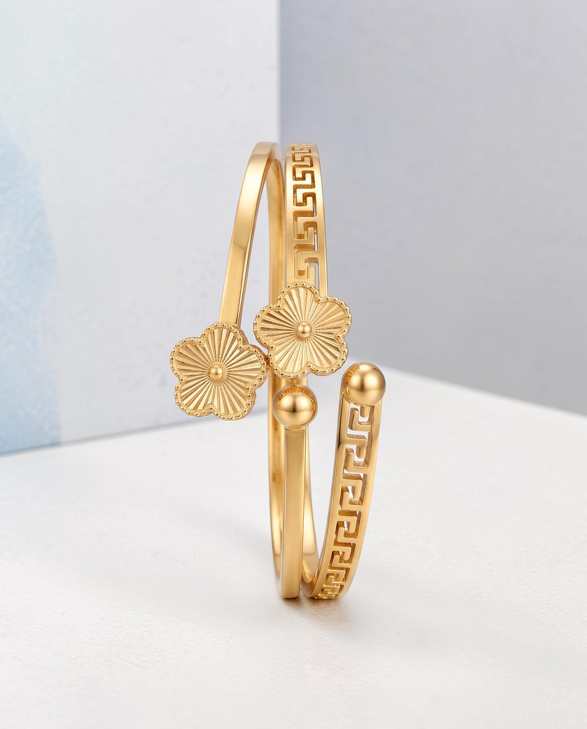 Greek Key Floral Open Cuff Bangle Bracelet – Gold or Silver Tone