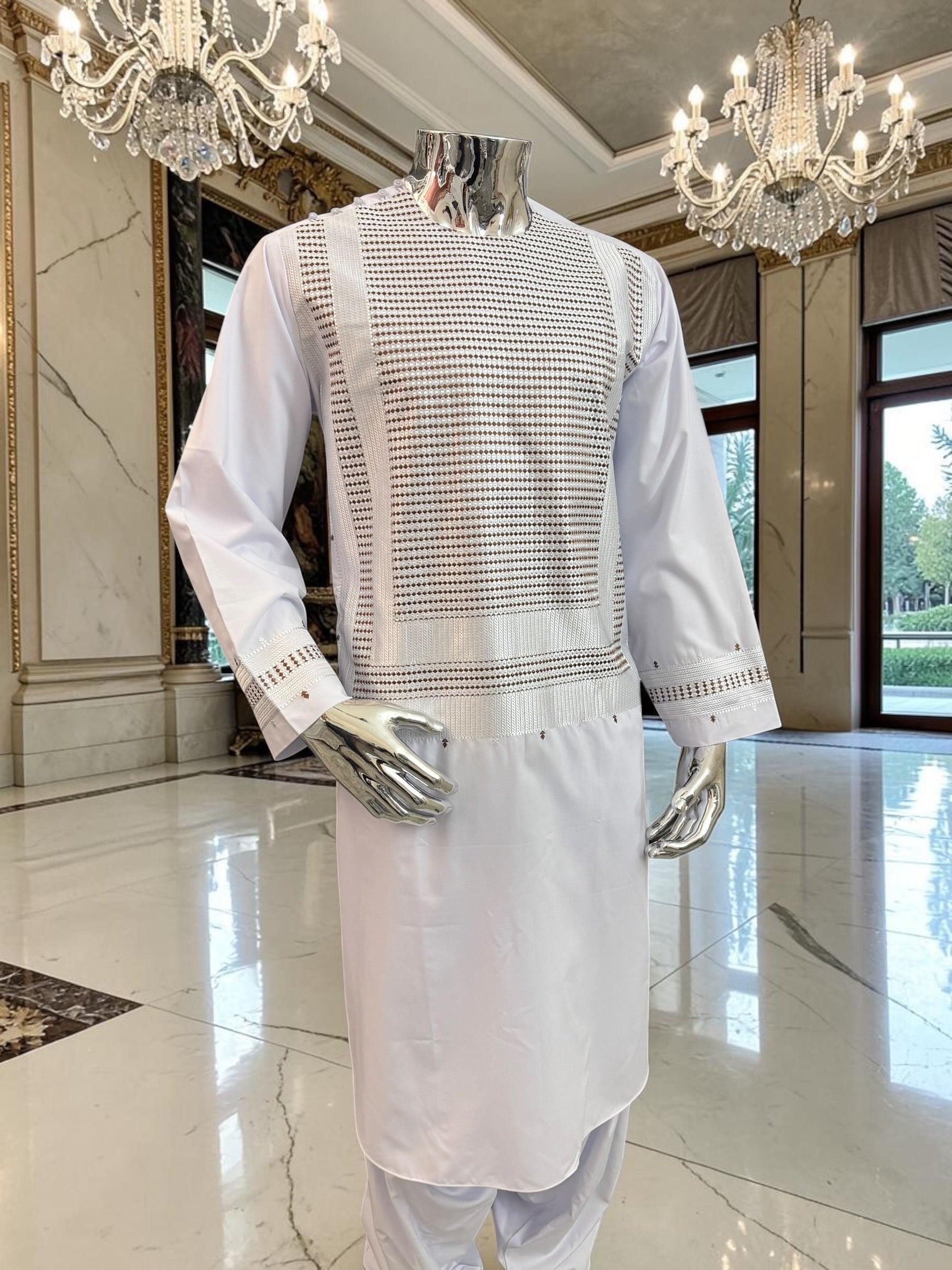 Large White Afghan Parahan Tunban for Men – Premium Machine Embroidered Outfit