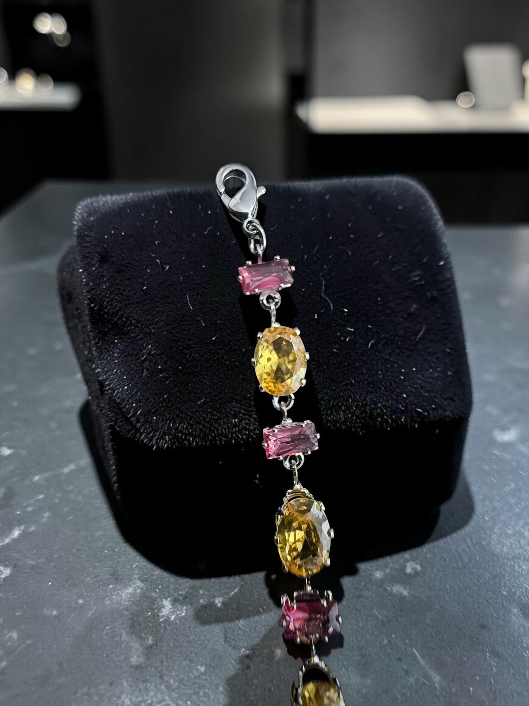 Yellow & Pink Crystal Tennis Bracelet – Silver Tone Oval & Emerald Cut Stone Bracelet for Women 7066