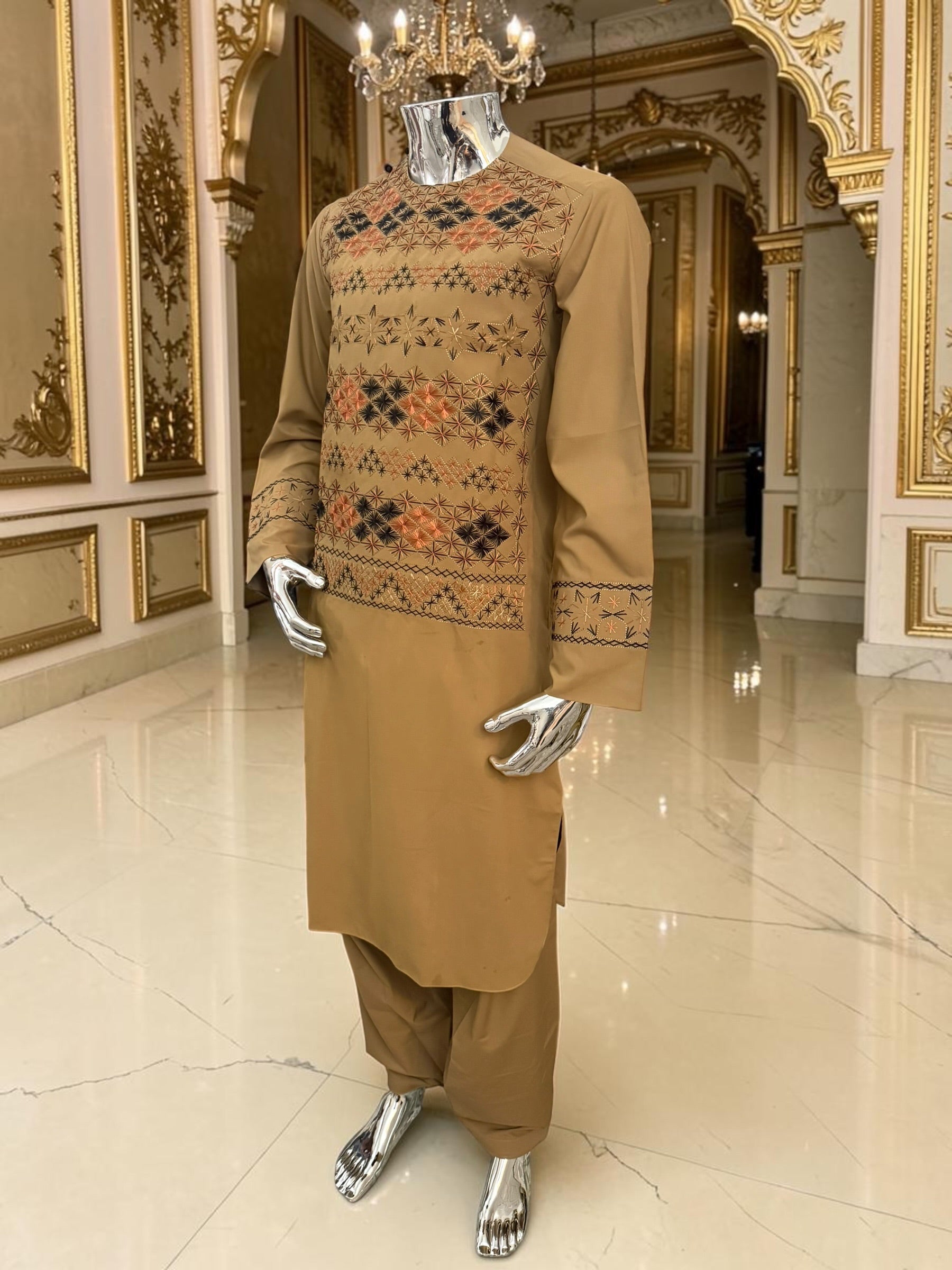 Hand Embroidered Camel Tan Afghan Parahan Tunban with Matching Shawl 5024
