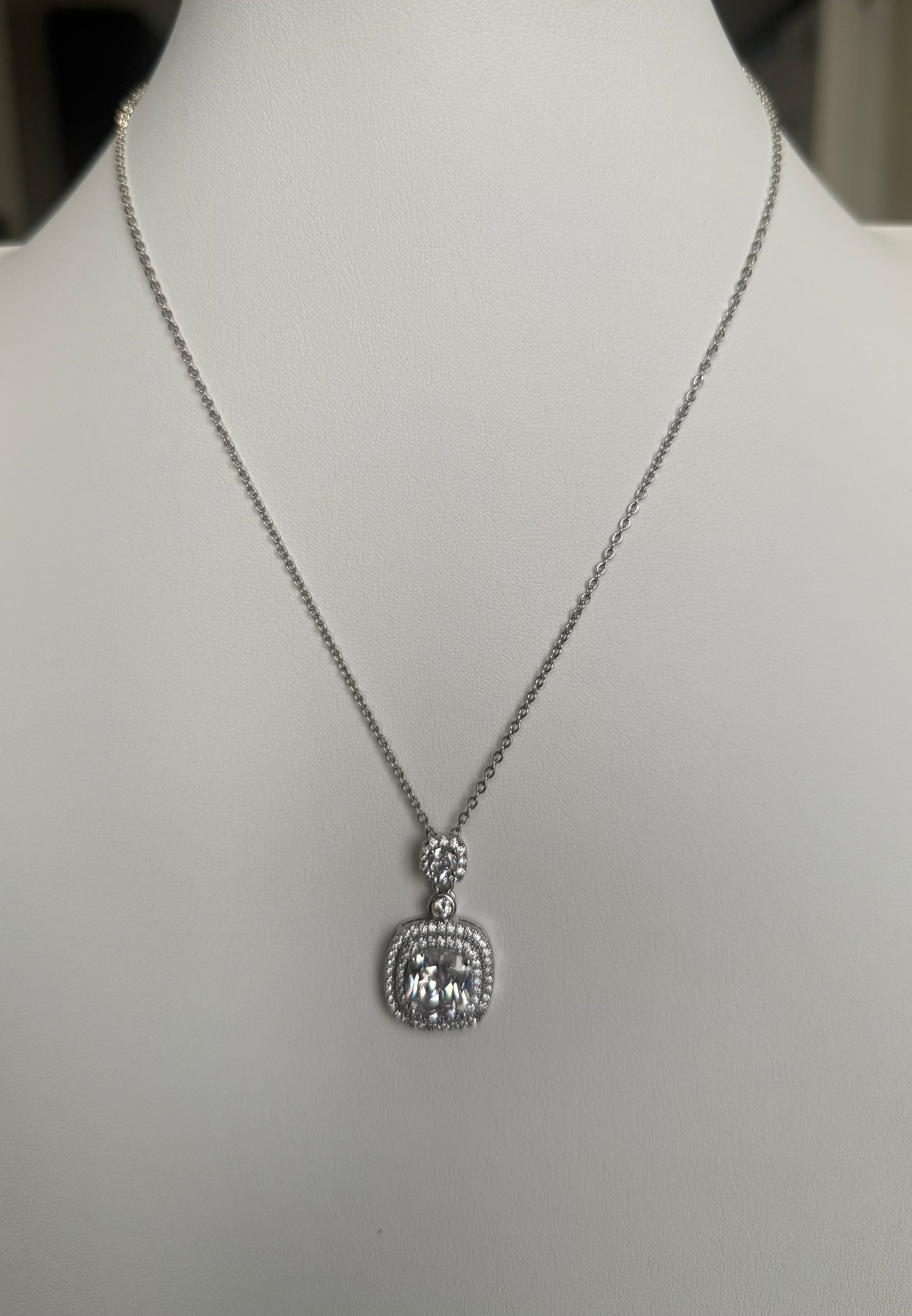 Cushion Cut Double Halo Pendant Necklace – Silver Tone Sparkling Statement Jewelry 7153