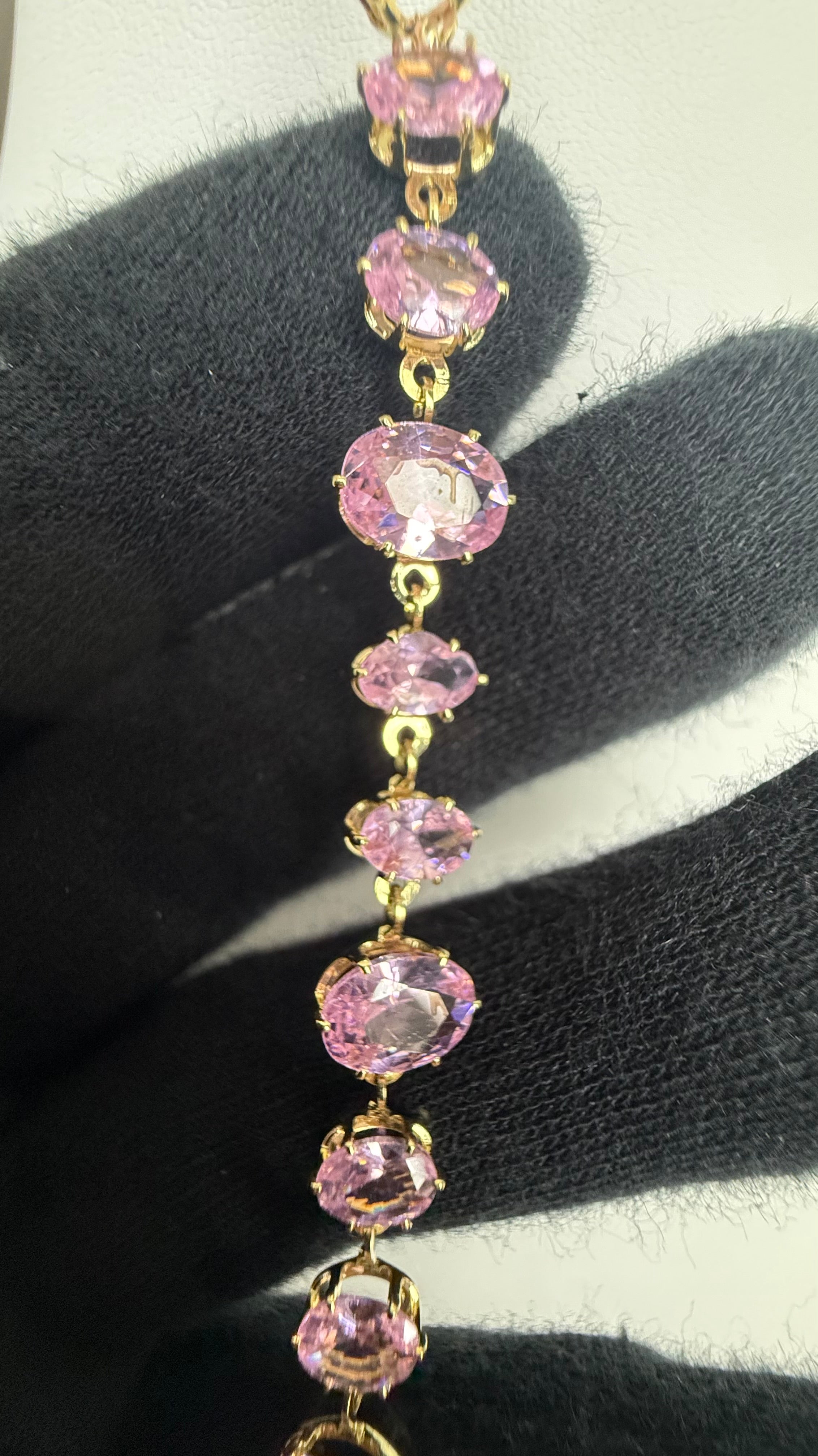 Pink Oval-Cut Crystal Tennis Bracelet – Gold Tone Adjustable Statement Bracelet 7142