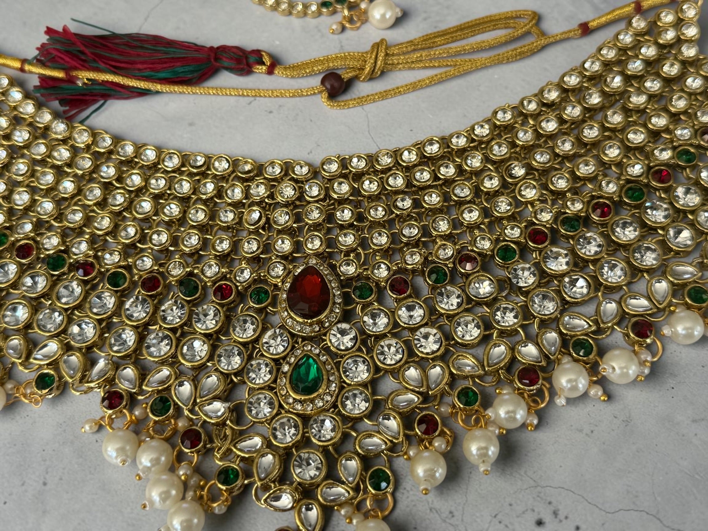 6-Piece Gold-Tone Kundan Full Bridal Jewelry Set with Necklace, Earrings, Nose Ring, Sheeshphool & Ring Bracelets 029