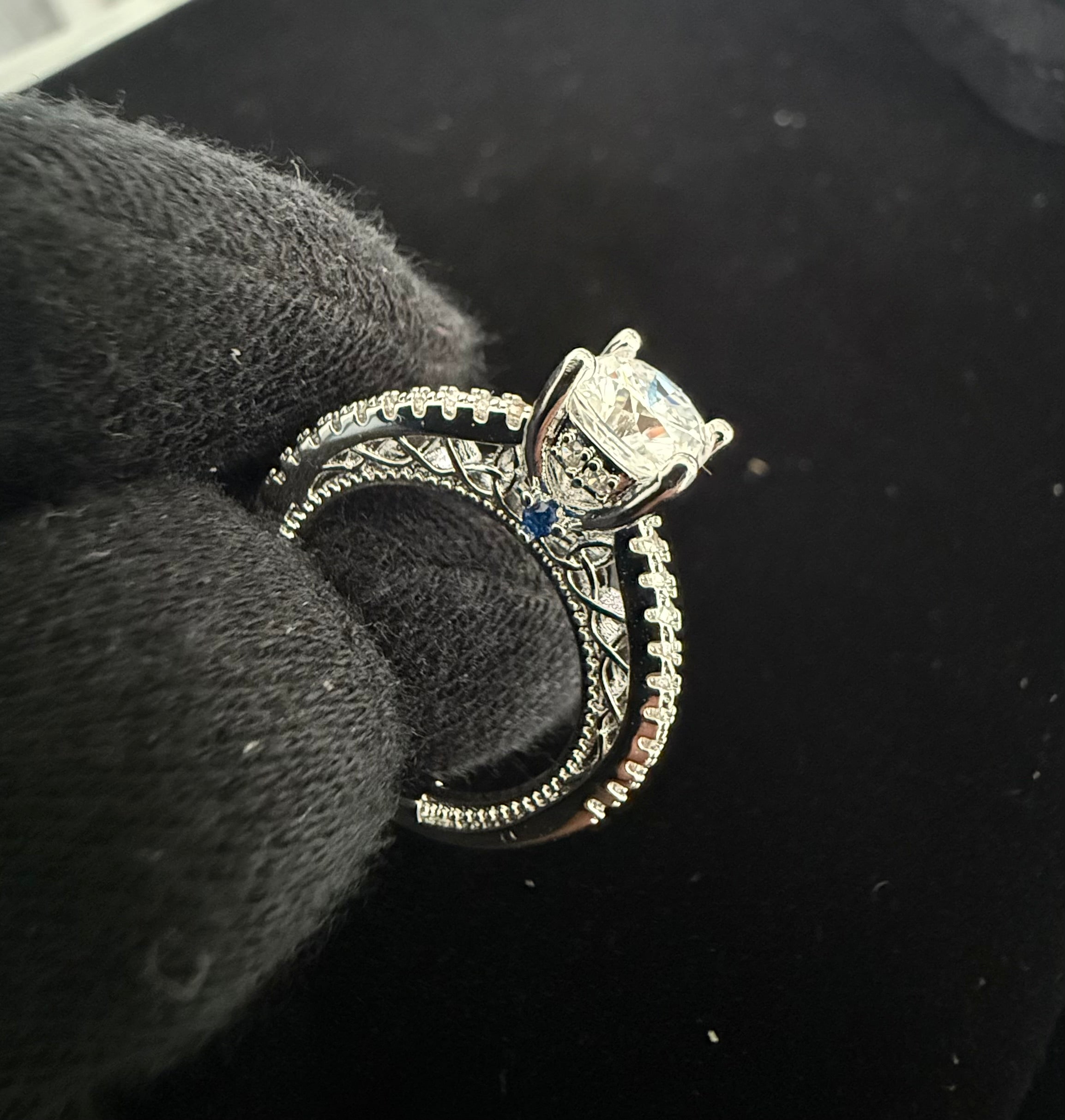 Size 5 Sterling Silver Cushion Cut Moissanite Bridal Ring Set | Infinity Twist Pavé Engagement & Wedding Band.  6011
