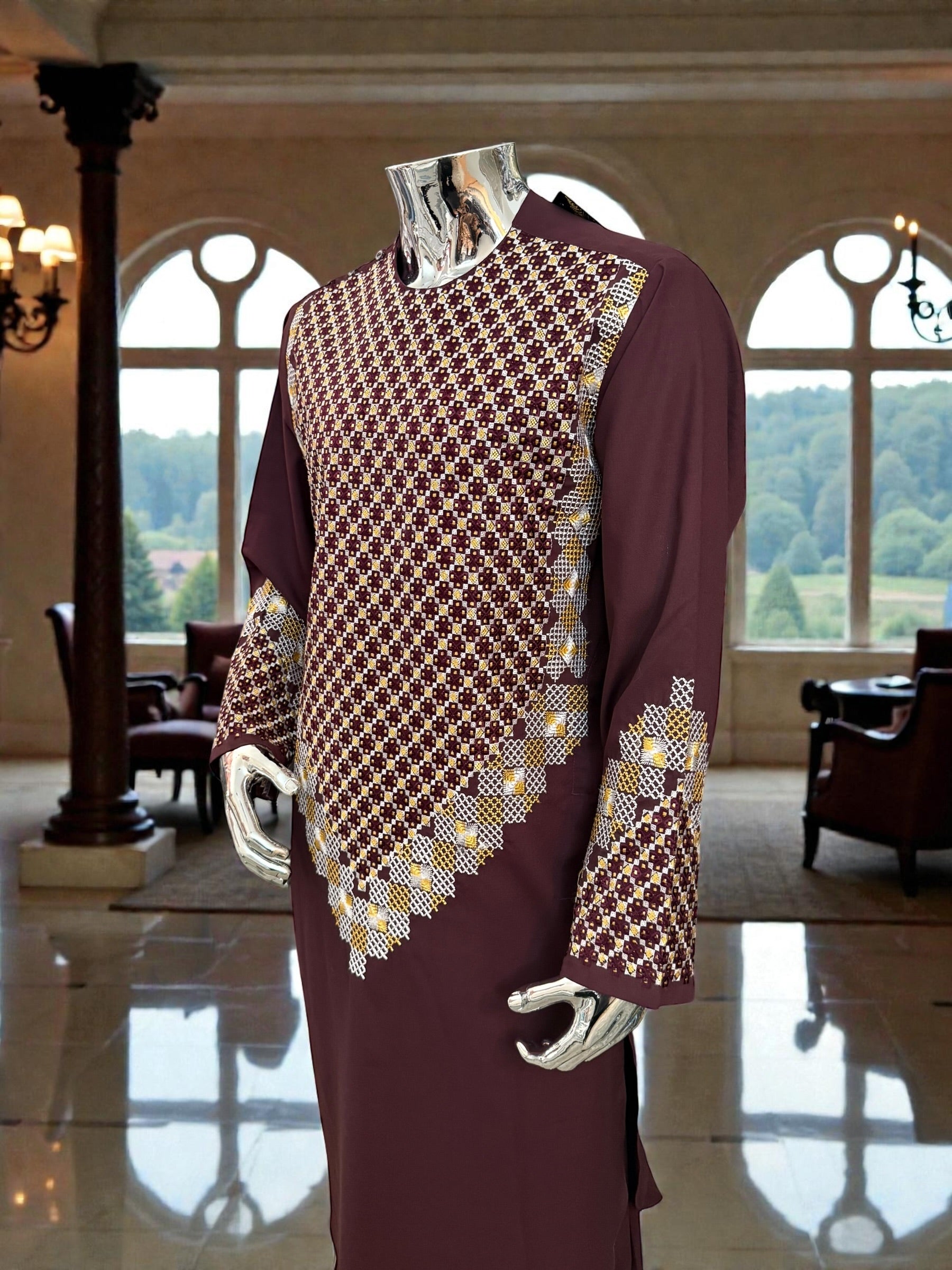 Men’s Maroon Kameez with Gold and White Machine Embroidery – Large Tall | Luqmaan Boutique