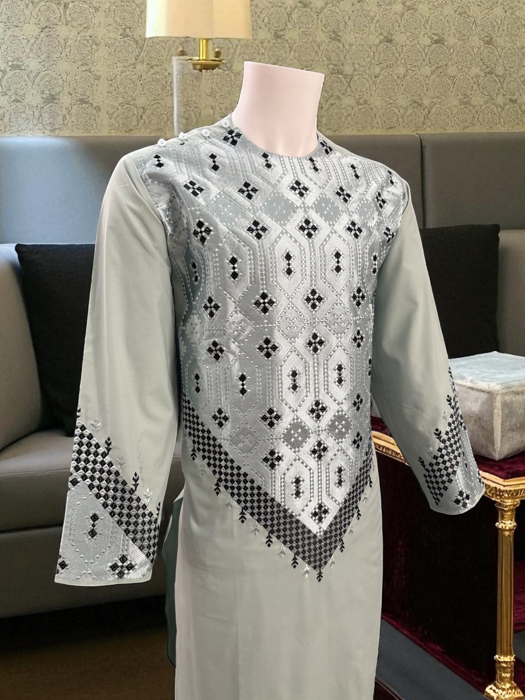 Sage Green Men’s Kameez with Black and Matching Sage Embroidery – Large