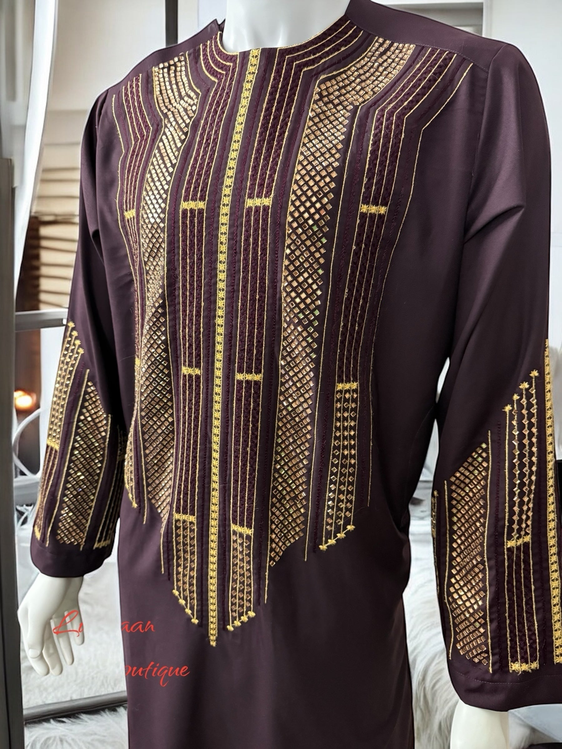 Afghan Parahan Tunban for Men Dark Burgundy Gold Machine Embroidered Medium