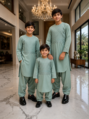 Kids Afghan Parahan Tunban Set – Premium Embroidered Traditional Afghan Outfit for Boys | Sage Green Eid & Wedding Wear (1–12 Years) Design #23